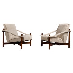 Raffaela Crespi Attribution, Lounge Chairs, Wood, Fabric, Brazil, 1960s