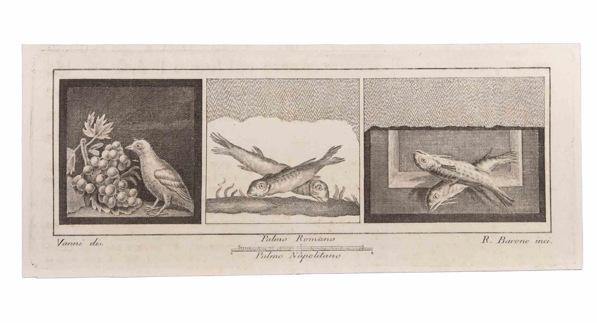 Decoration With Animals is an Etching realized by Raffaele Barone (18th century).

The etching belongs to the print suite “Antiquities of Herculaneum Exposed” (original title: “Le Antichità di Ercolano Esposte”), an eight-volume volume of engravings