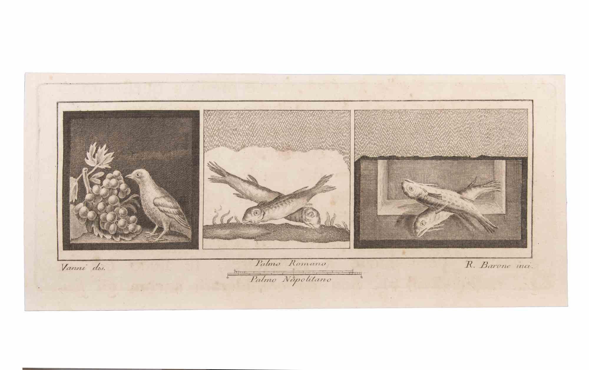 Décoration avec des animaux est une gravure réalisée par Raffaele Barone (18e siècle).

La gravure appartient à la suite d'estampes "Antiquités d'Herculanum exposées" (titre original : "Le Antichità di Ercolano Esposte"), un volume de huit gravures