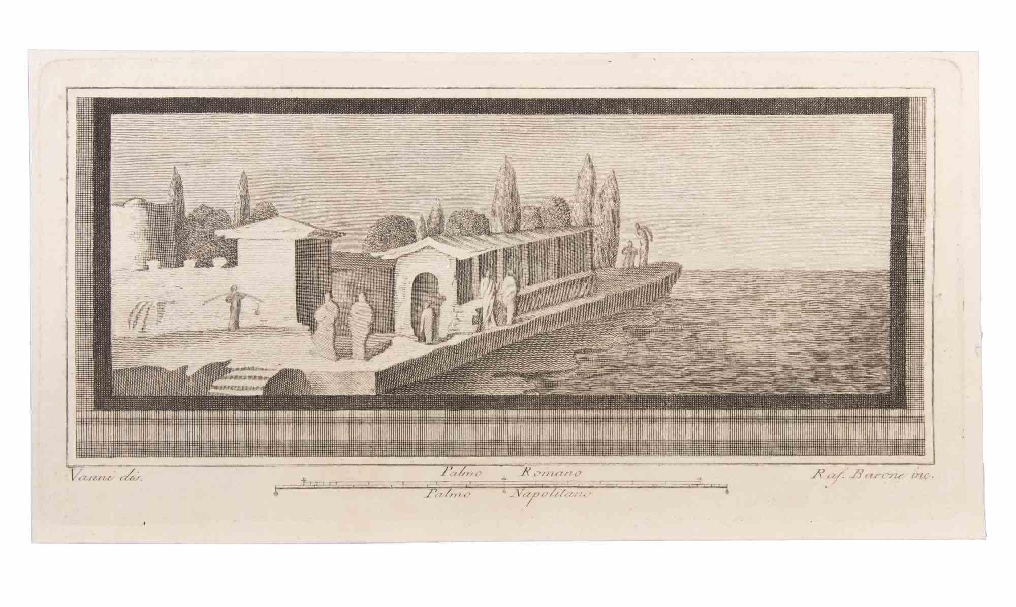 Seelandschaft mit Monument und Figuren ist eine Radierung von Raffaele Barone (18. Jahrhundert).

Die Radierung gehört zu der Druckserie "Antiquities of Herculaneum Exposed" (Originaltitel: "Le Antichità di Ercolano Esposte"), einem achtbändigen