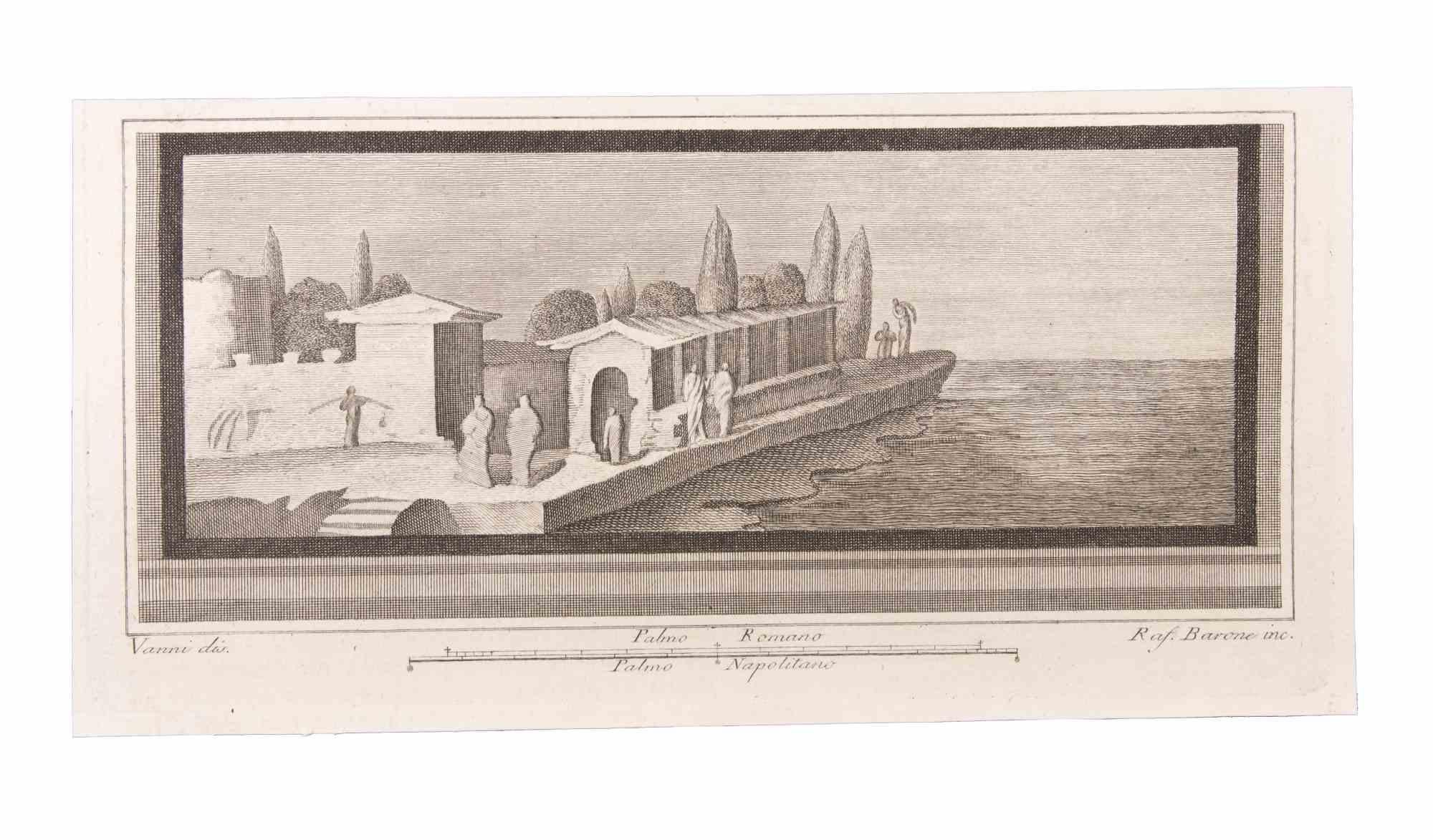 Seascape With Monuments - Etching by Raffaele Barone  - 18th Century