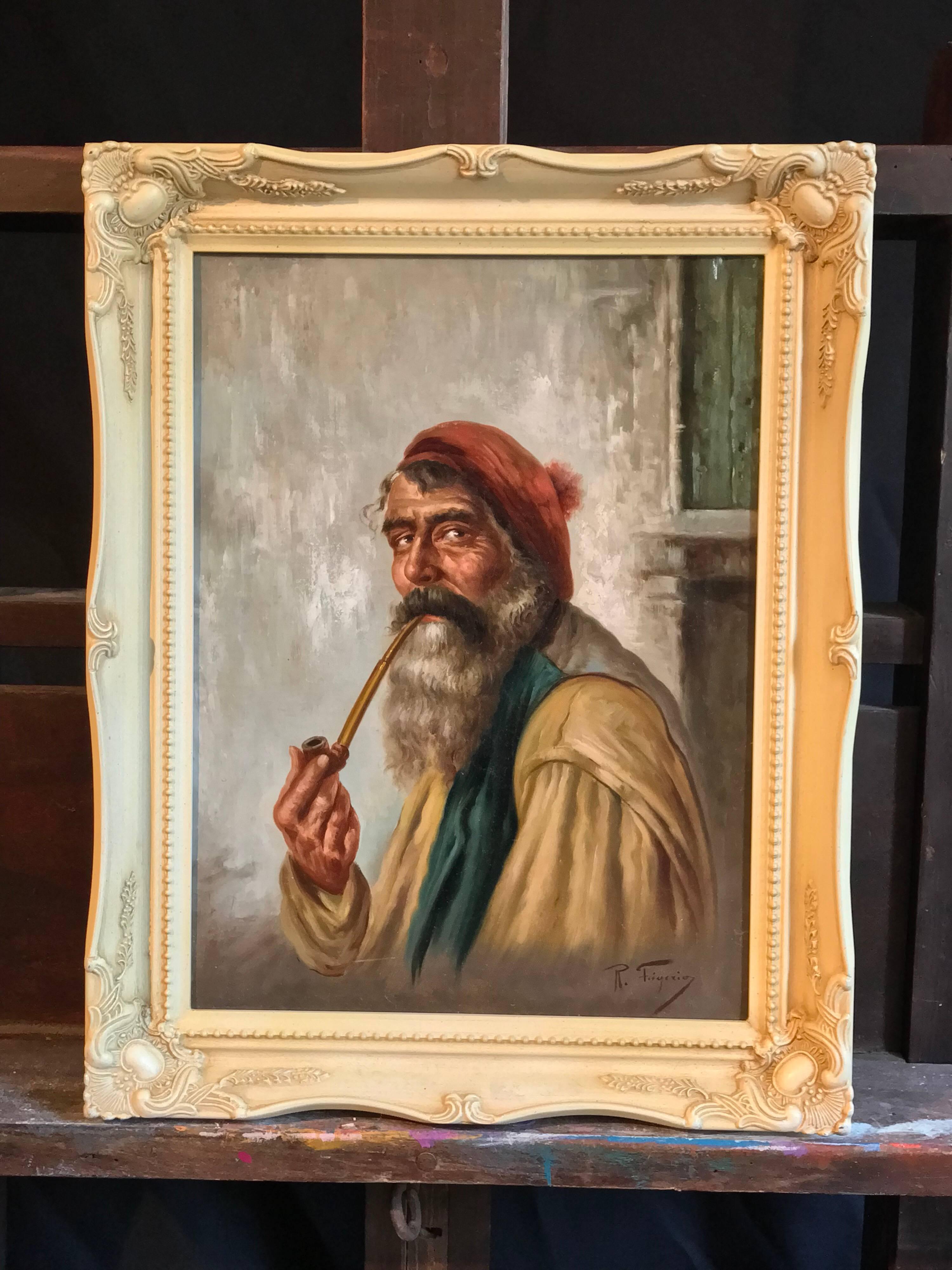 Italian Pipe Smoker, Signed Antique oil painting on canvas - Painting by Raffaele Frigerio