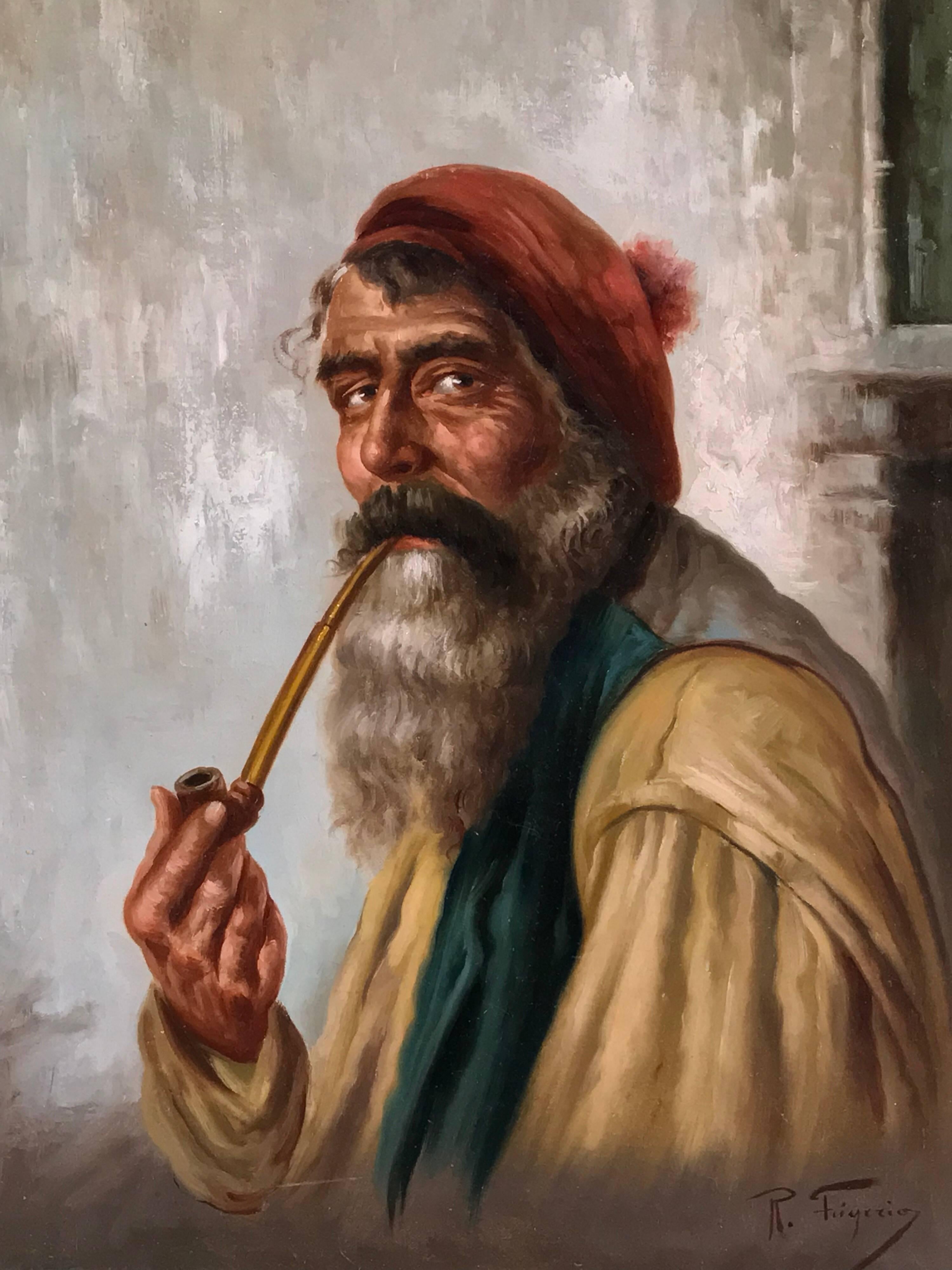 Raffaele Frigerio Figurative Painting - Italian Pipe Smoker, Signed Antique oil painting on canvas