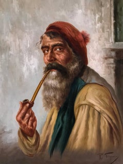 Italian Pipe Smoker, Signed Antique oil painting on canvas