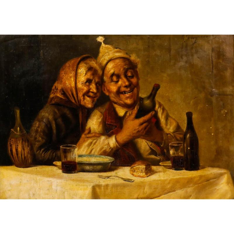 R. Frigerio (1875-1948) nach P. Massani - Öl, Der Weinhändler und seine Frau – Painting von Raffaele Frigerio