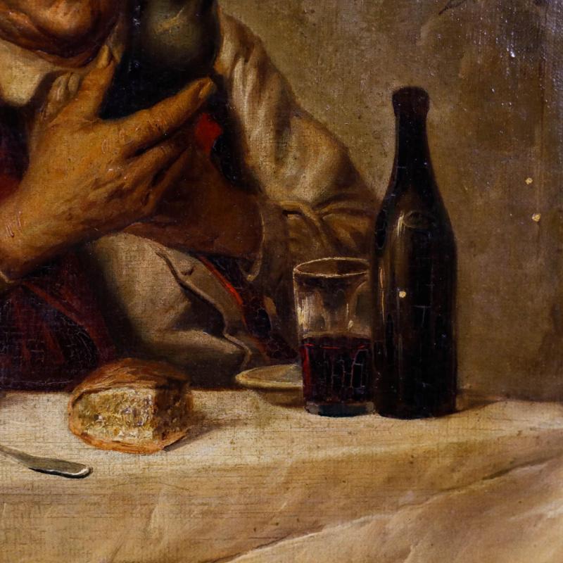 Eine charaktervolle Genreszene von Raffaele Frigerio (1875-1948) nach Pompeo Massani (1850-1920). Das Gemälde zeigt ein fröhliches älteres Ehepaar, das gemeinsam Essen und Wein genießt. Signiert oben rechts. Gut präsentiert in einem Rahmen mit