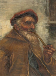 Raffaele Frigerio (1875-1948) Oil - Portrait of a Man with a Pipe