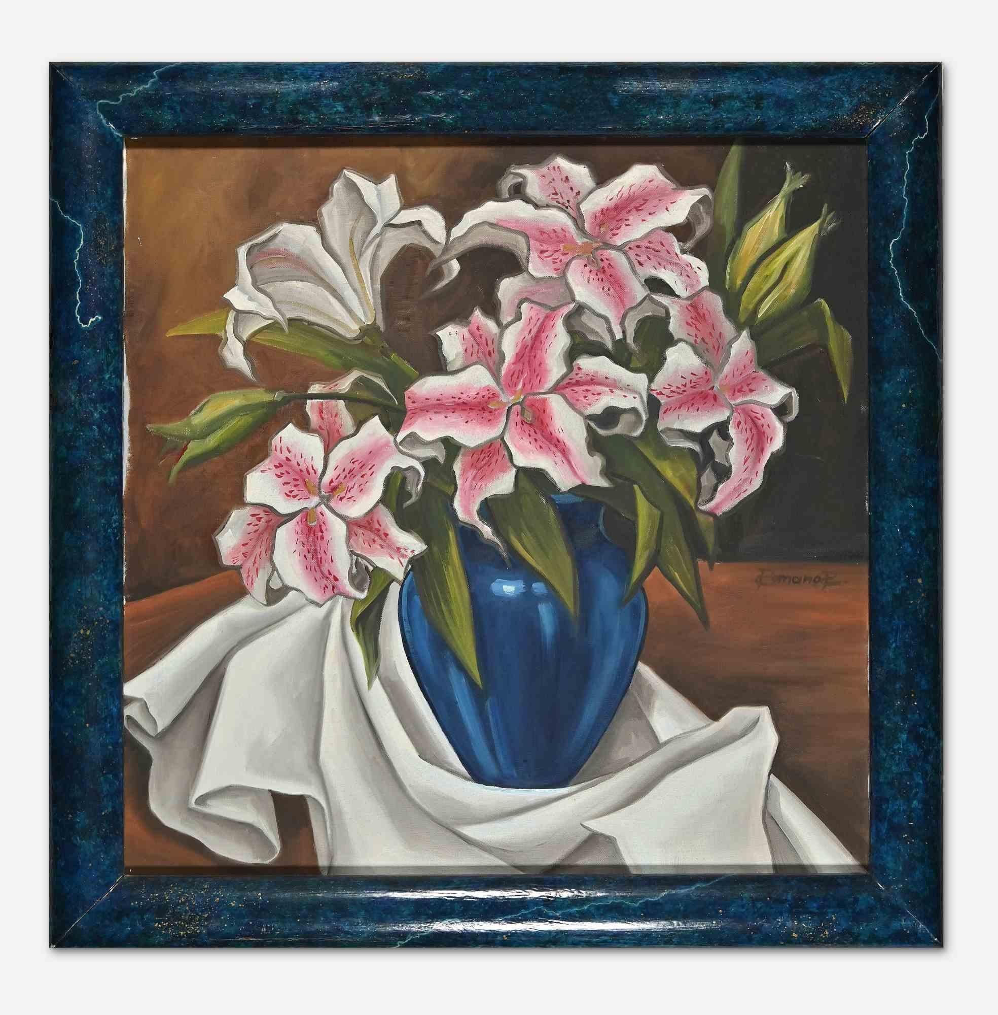 Lilium in blauer Vase ist ein zeitgenössisches Kunstwerk von Raffaele Romano aus dem Jahr 1998.

Gemischtes farbiges Öl auf Leinwand.

Handsigniert und datiert auf der Rückseite des Kunstwerks

Inklusive Rahmen: 59 x 3 x 60 cm