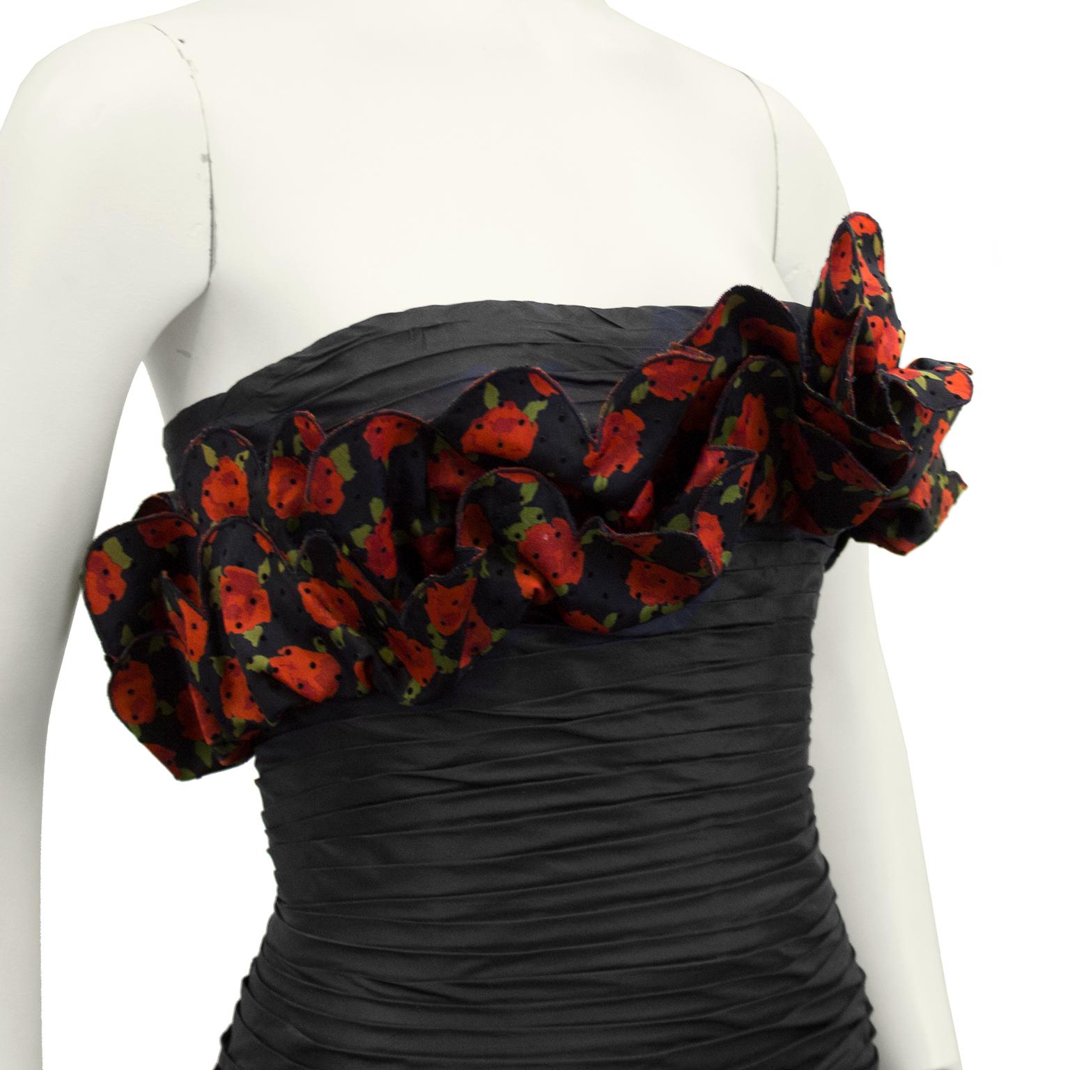 Robe de cocktail noire sans bretelles Raffaella Curiel des années 1980 avec roses Pour femmes en vente