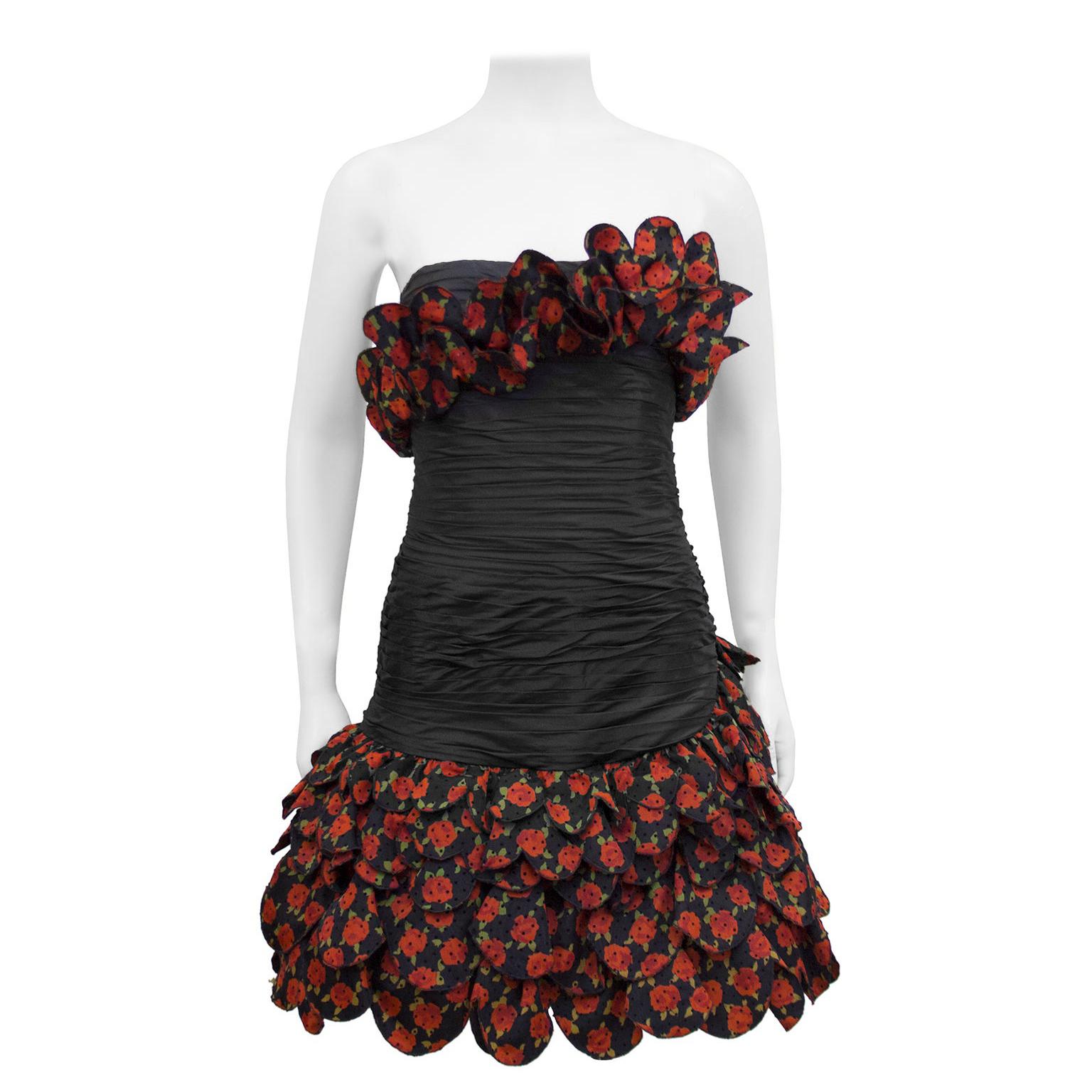 Raffaella Curiel 1980's Black Strapless Cocktail Dress with Roses For Sale