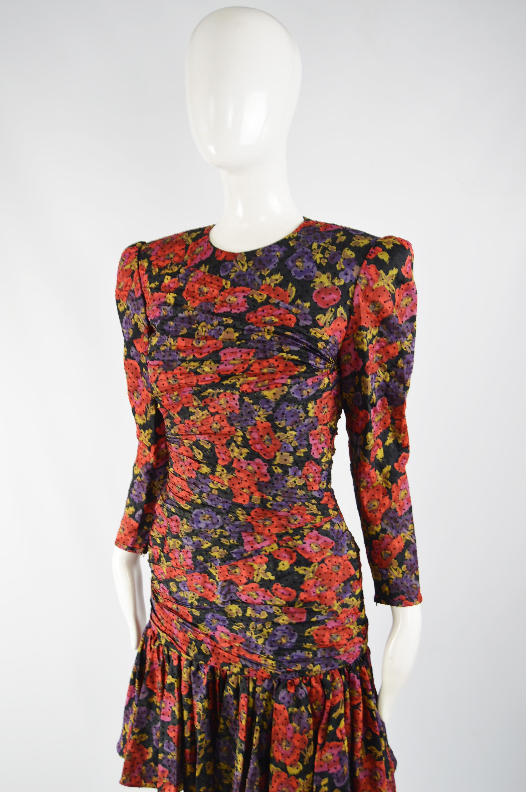 Raffaella Curiel Vintage 80s Ruched Silk Floral Party Evening Dress, 1980s In Excellent Condition For Sale In Doncaster, South Yorkshire
