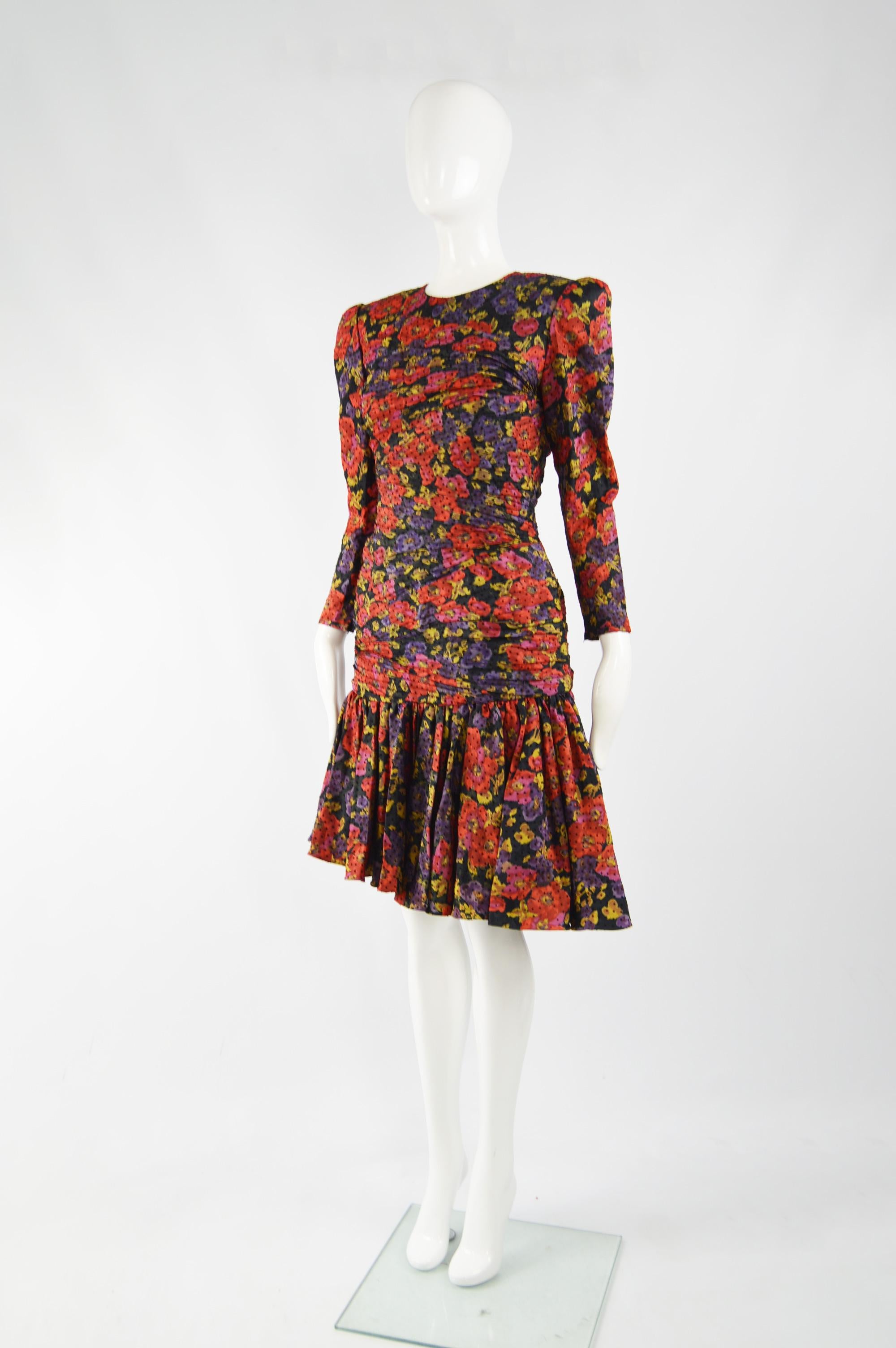 Raffaella Curiel Vintage 80s Ruched Silk Floral Party Evening Dress, 1980s For Sale 1