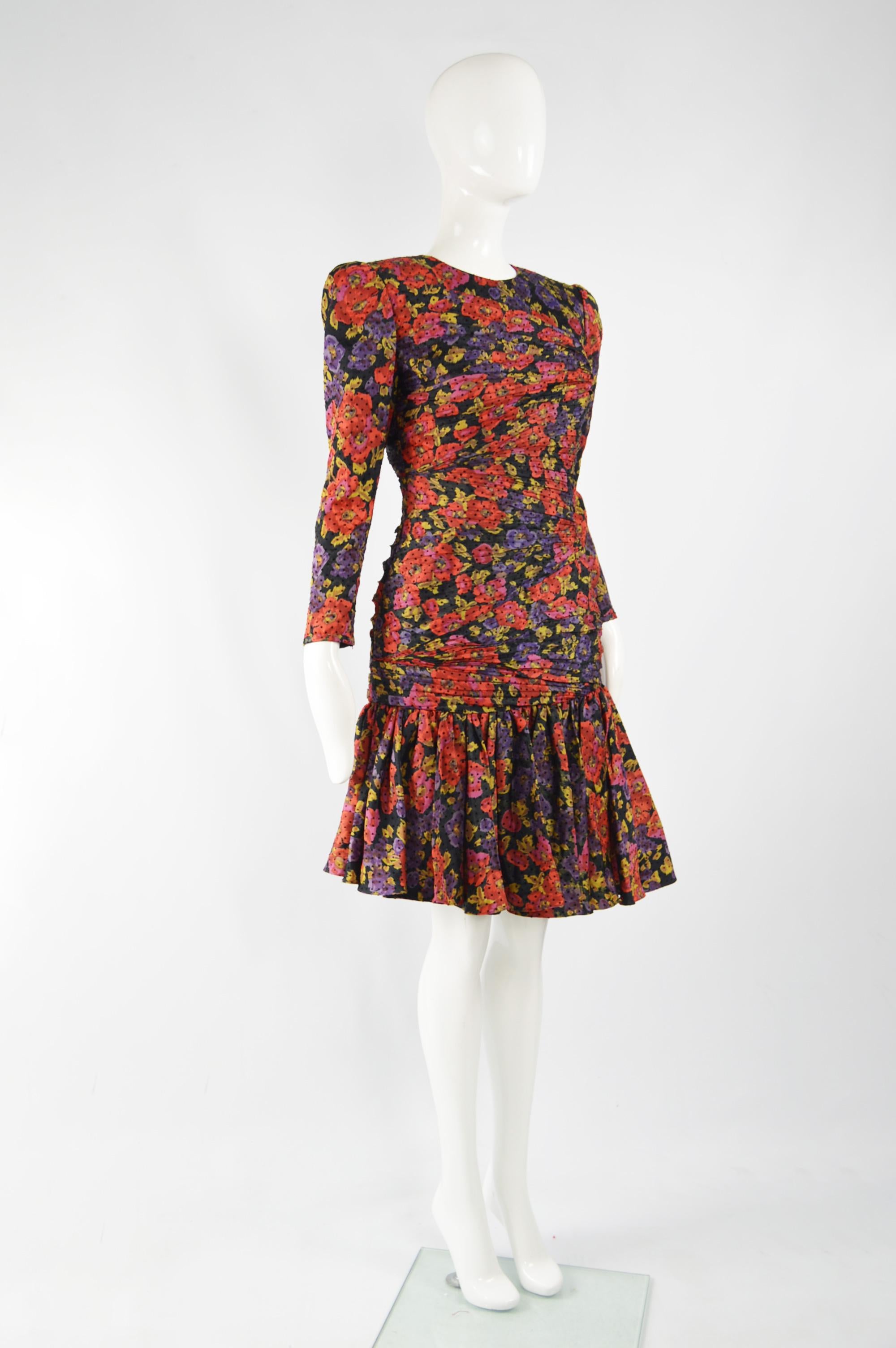 Raffaella Curiel Vintage 80s Ruched Silk Floral Party Evening Dress, 1980s For Sale 3