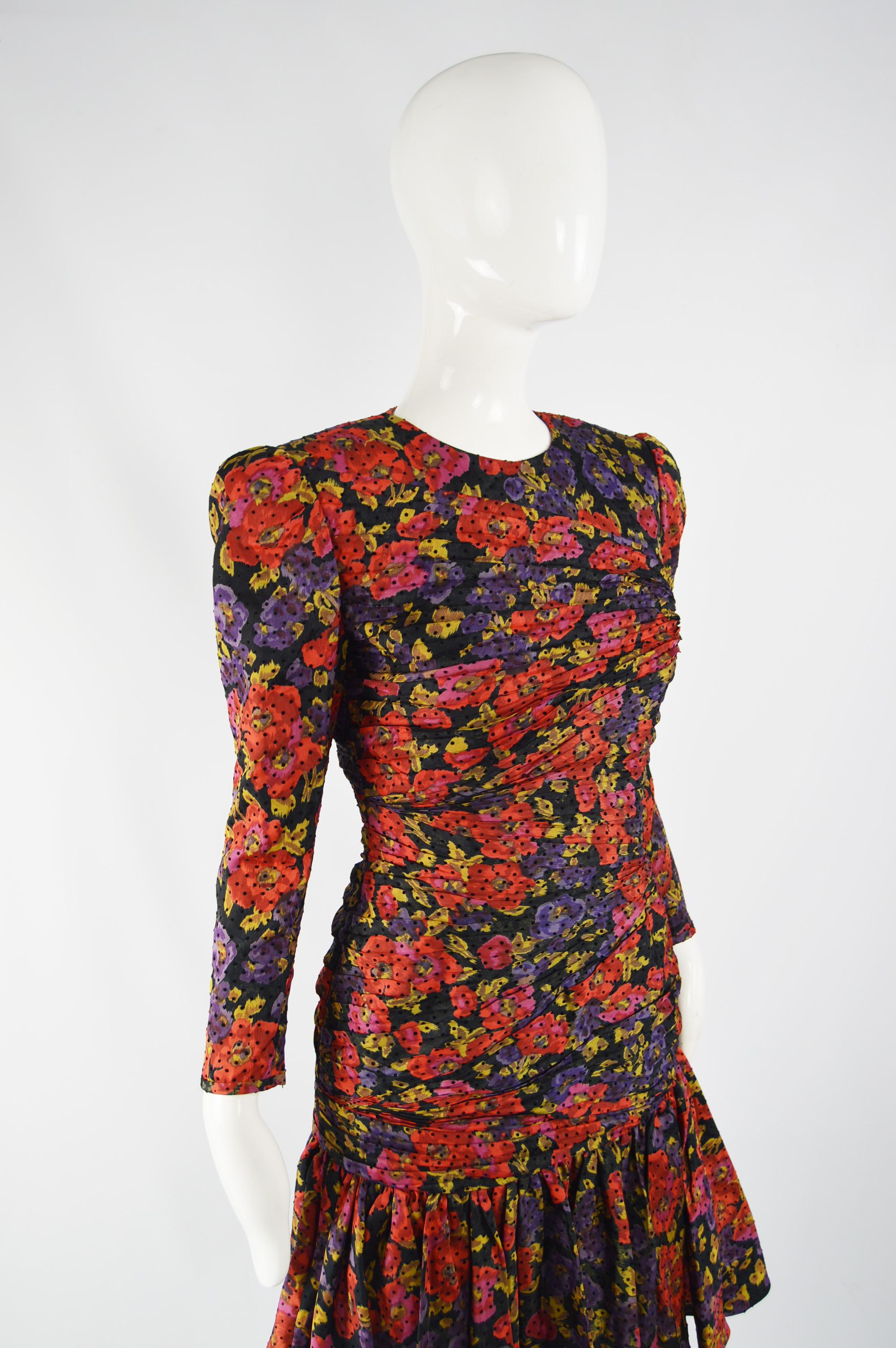 Raffaella Curiel Vintage 80s Ruched Silk Floral Party Evening Dress, 1980s For Sale 4