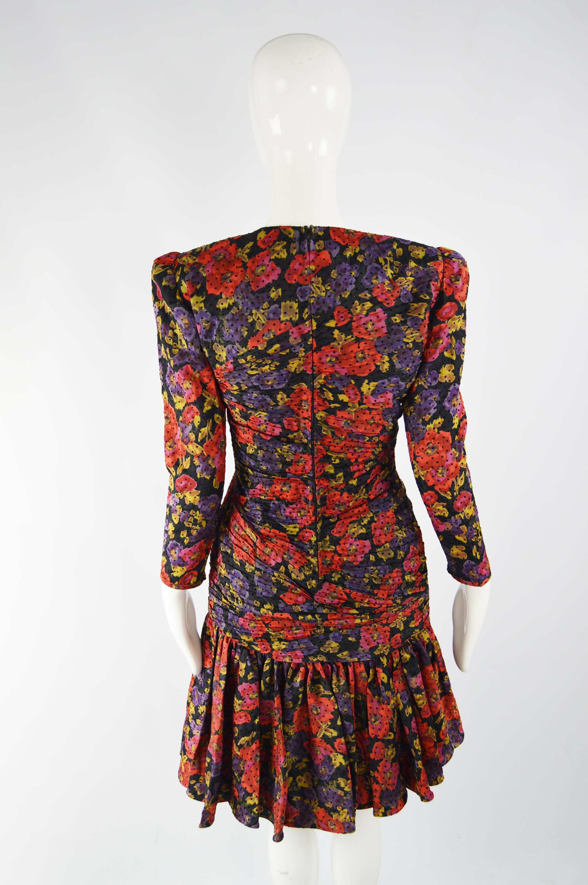 Raffaella Curiel Vintage 80s Ruched Silk Floral Party Evening Dress, 1980s For Sale 5