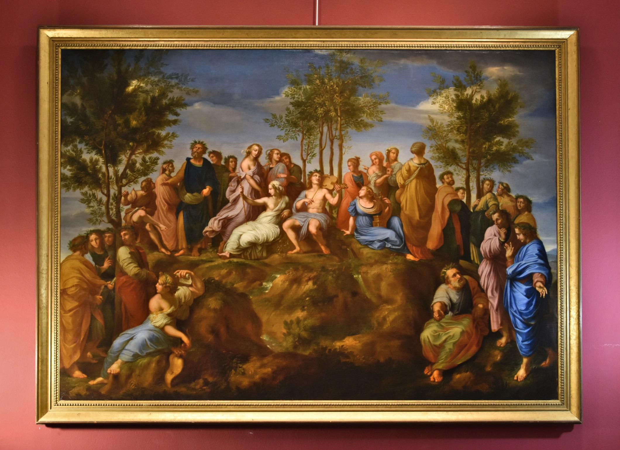Landscape Painting RAFFAELLO SANZIO (Urbino, 1483 - Rome, 1520) - Apollo du Parnasse d'après Raffaello Huile sur toile 17/18e siècle Ancien maître 