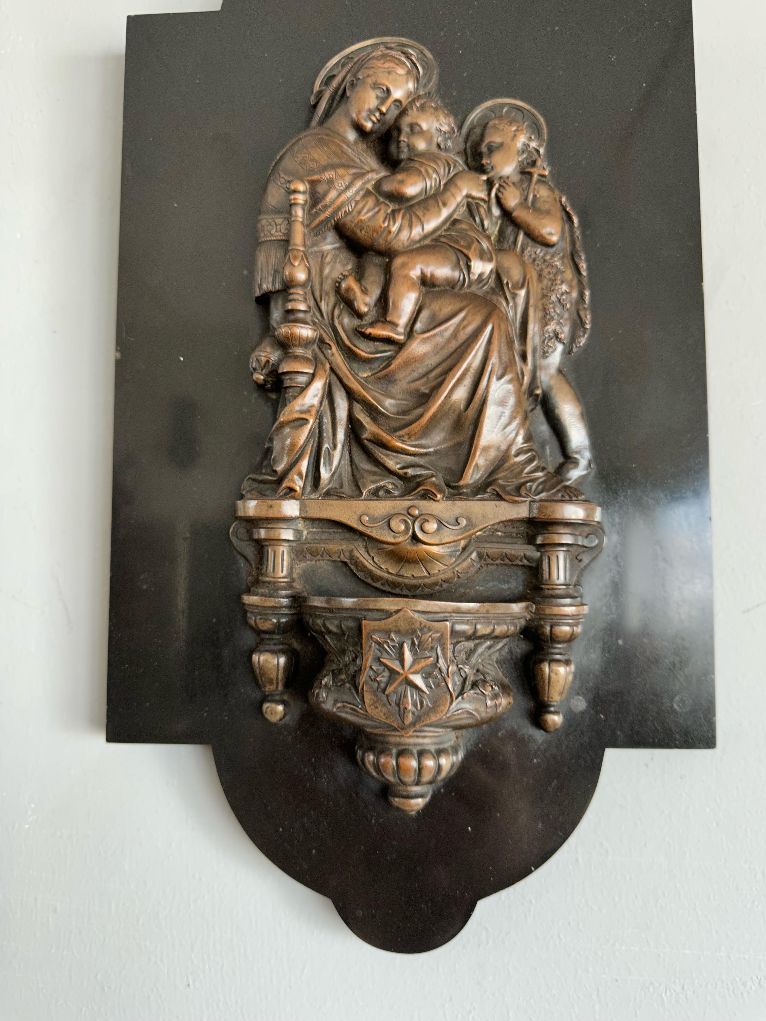 Raffaello's Madonna Della Seggiola Bronze & Marble Wall Plaque & Holy Water Font For Sale 6