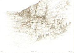 1982 Raffi Kaiser 'Cliff by Masada' Schwarz-Weiß-Lithographie, braune