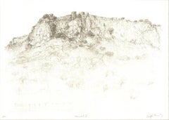 Lithographie « Paysage from Far Away Land » de Raffi Kaiser, noir et blanc, marron, 1982