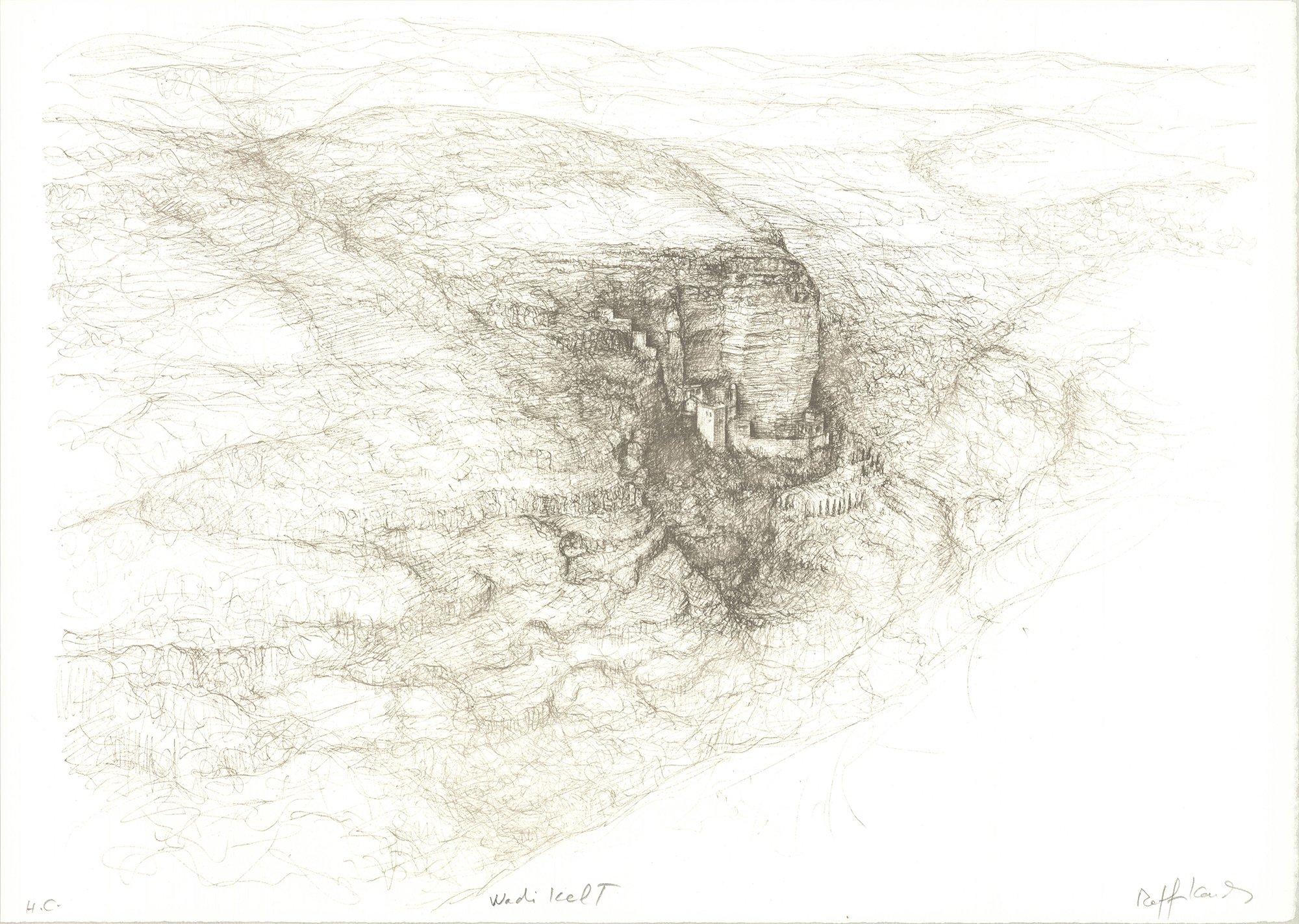 This original lithograph titled Middle Earth by Raffi Kaiser is part of the Spaces and Spirit of Israel portfolio, consisting of 21 lithographs. Published by Atelier Merat and I.M.A.G.E. in Paris in 1982, this piece beautifully captures the essence