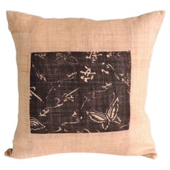Raffia and Silk Square Asian Printed Butterflies and Leaves Decorative Pillow