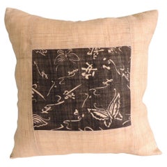 Raffia and Silk Square Asian Printed Butterflies and Leaves Decorative Pillow