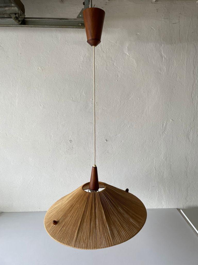 Mid-Century Modern Raffia Bast and Teak Large Pendant Lamp by Temde, 1960s, Germany