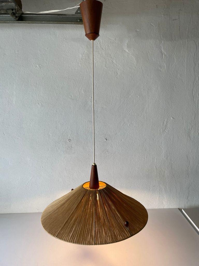 Raffia Bast and Teak Large Pendant Lamp by Temde, 1960s, Germany In Good Condition In Hagenbach, DE