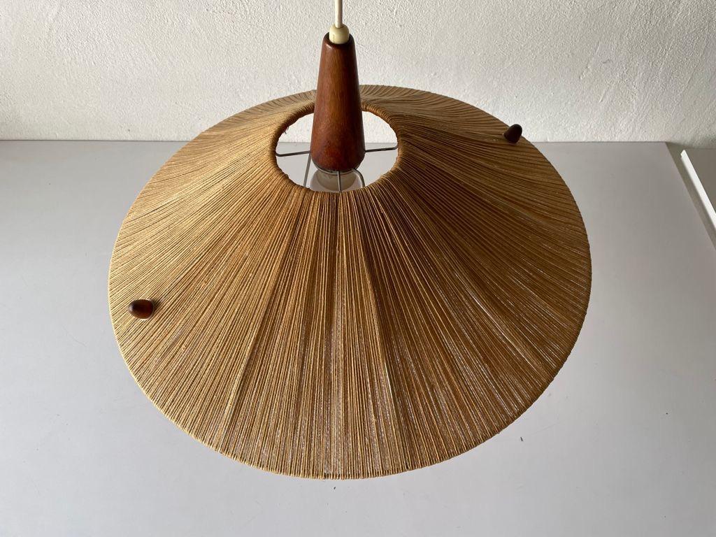 Mid-20th Century Raffia Bast and Teak Large Pendant Lamp by Temde, 1960s, Germany