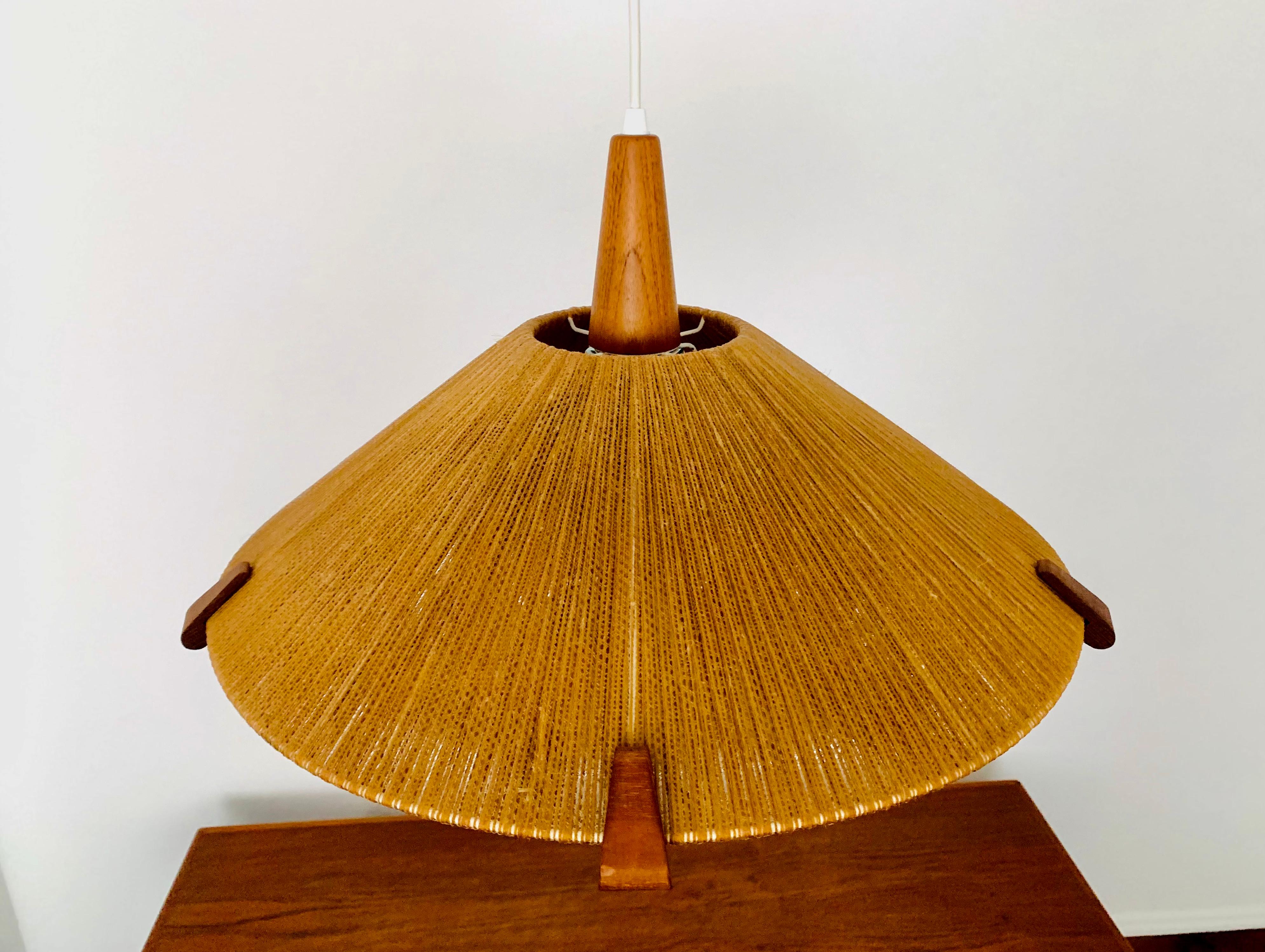 Mid-20th Century Raffia Bast and Teak Pendant Lamp by Temde