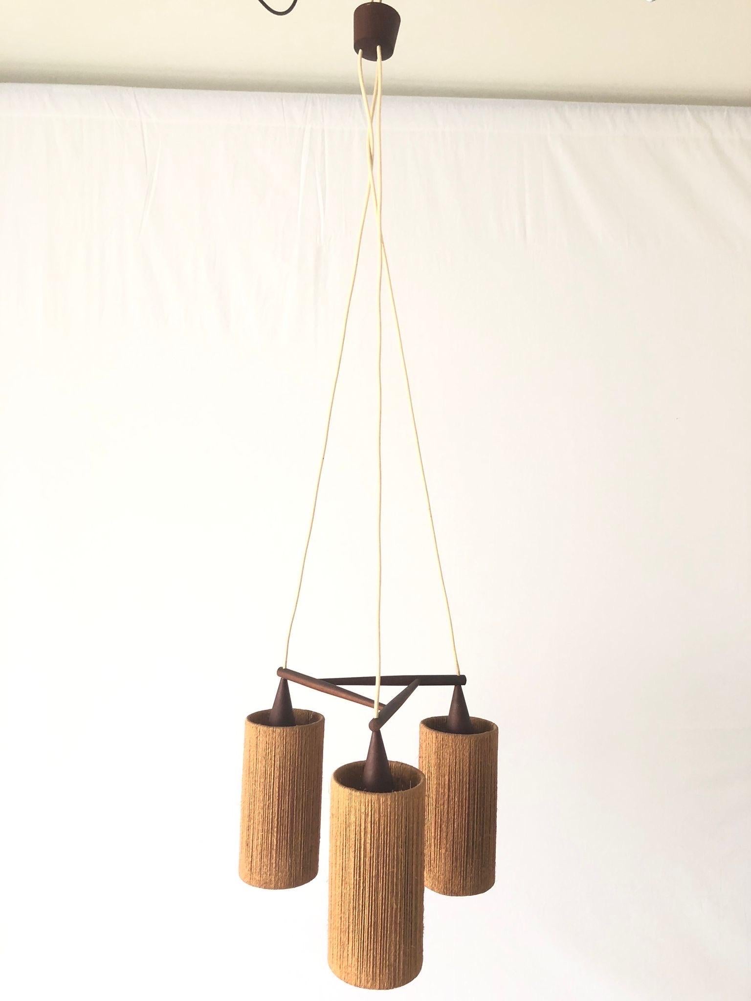 Mid-Century Modern Raffia Bast and Teak Triple Pendant Lamp by Temde, 1960s, Germany
