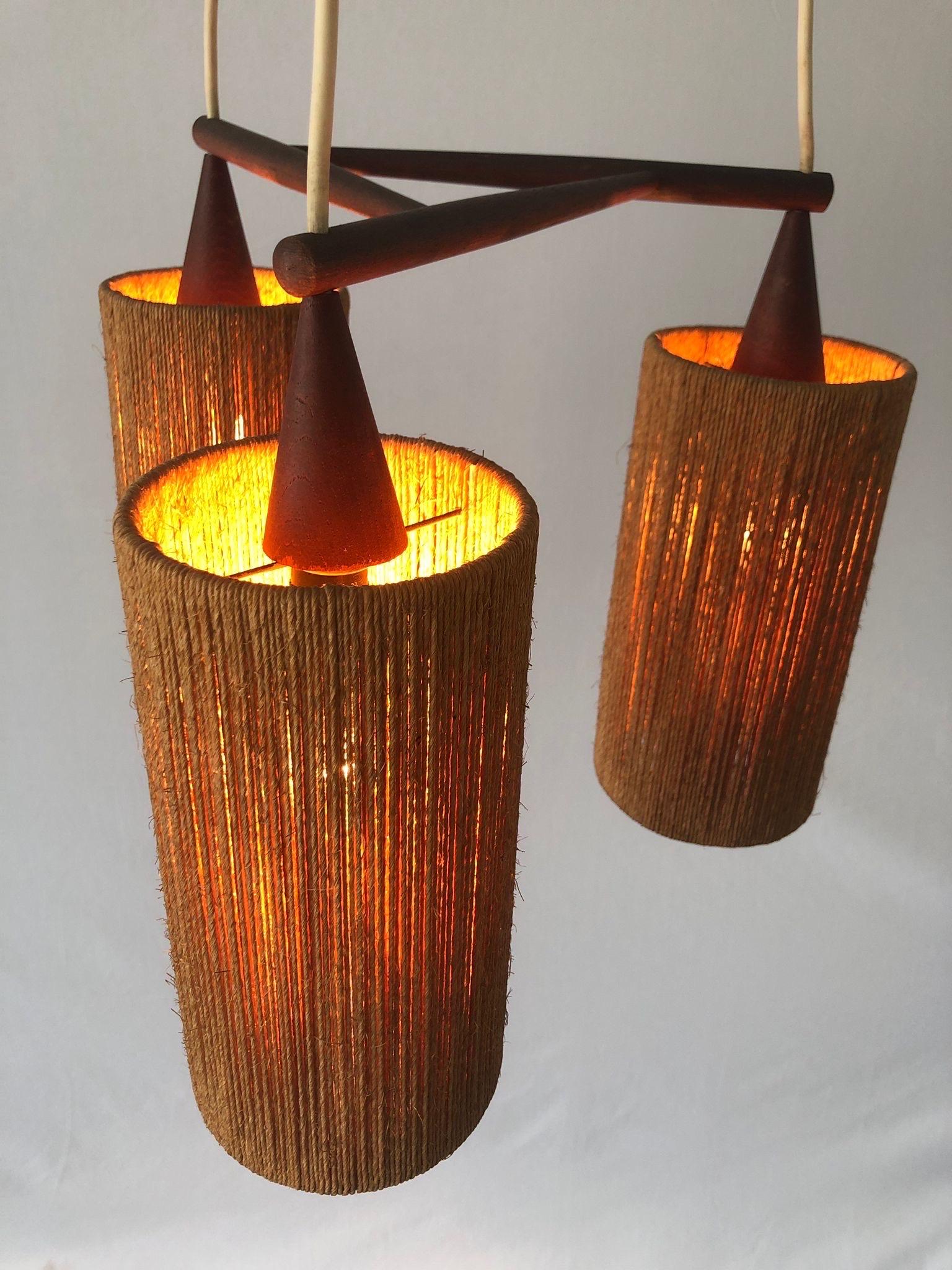 Raffia Bast and Teak Triple Pendant Lamp by Temde, 1960s, Germany 2