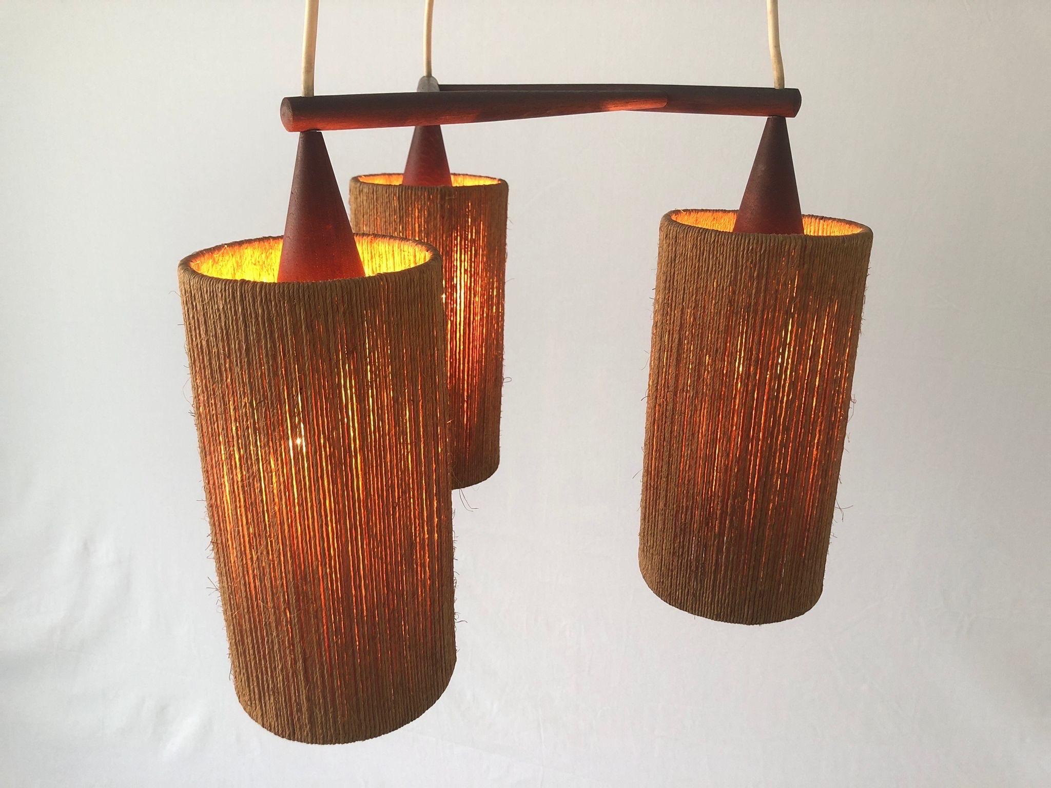 Raffia Bast and Teak Triple Pendant Lamp by Temde, 1960s, Germany 3