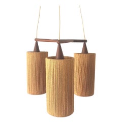 Raffia Bast and Teak Triple Pendant Lamp by Temde, 1960s, Germany
