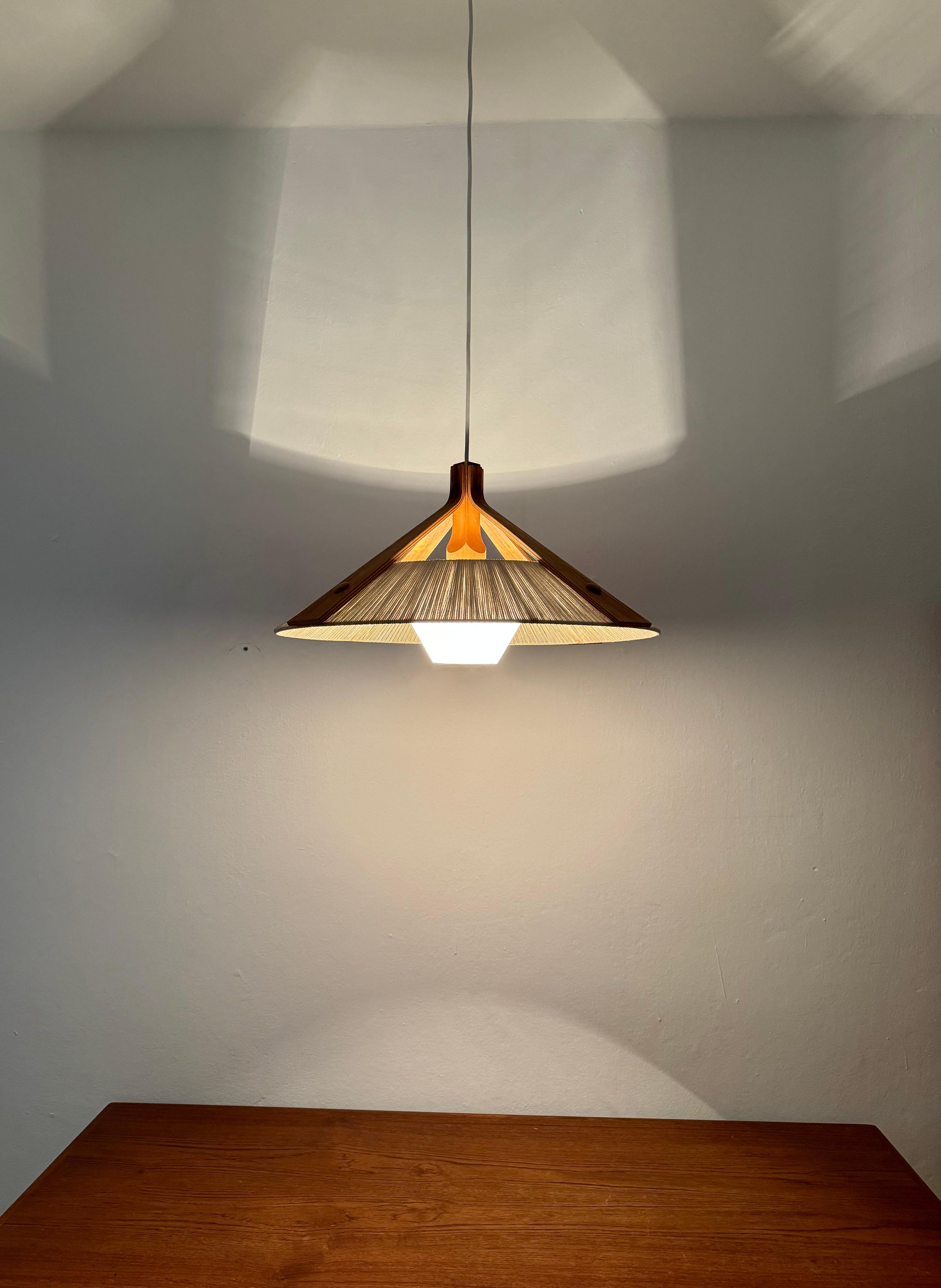 Raffia Bast and Walnut Pendant Lamp by Temde For Sale 6