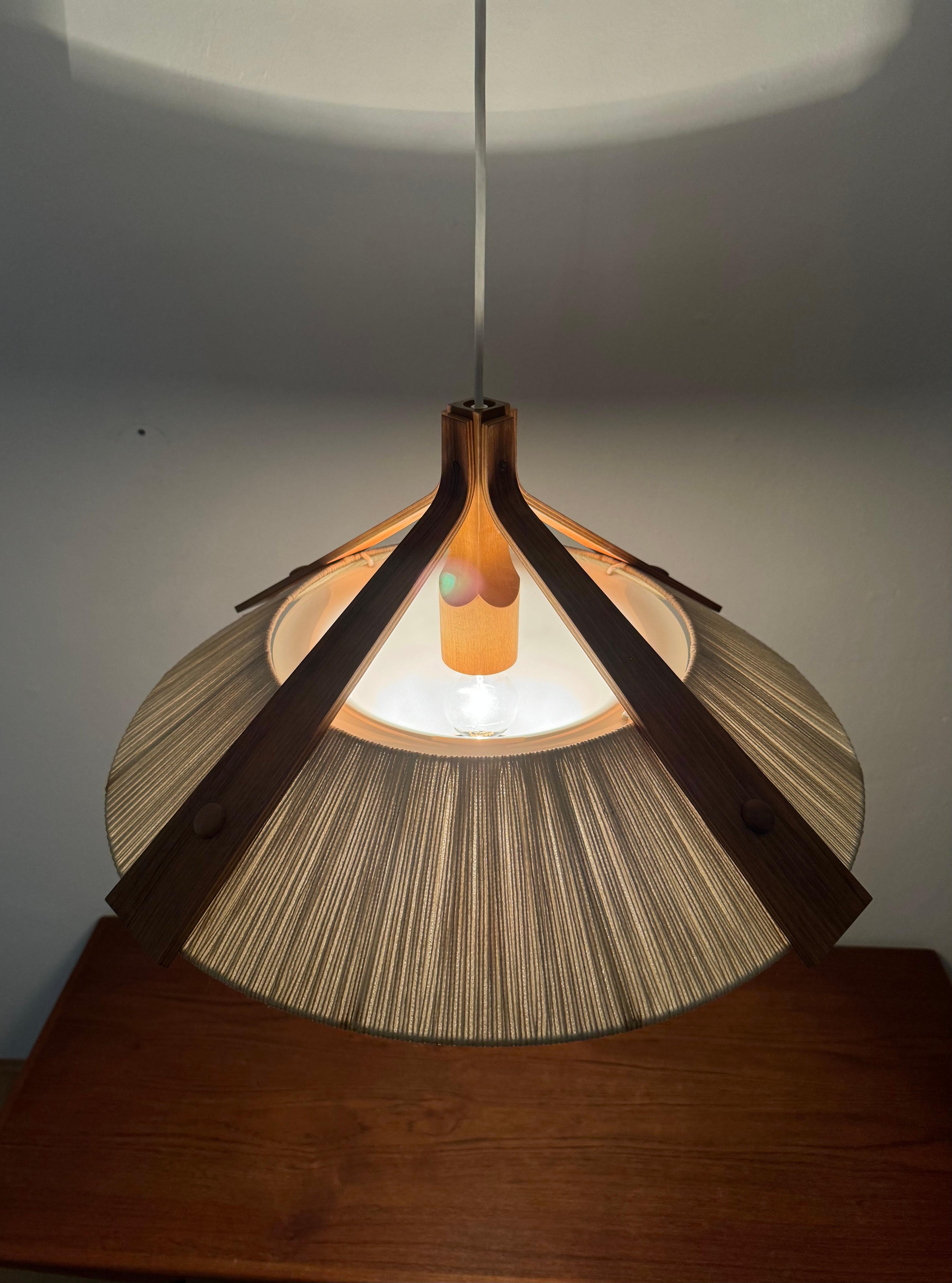 Raffia Bast and Walnut Pendant Lamp by Temde For Sale 8