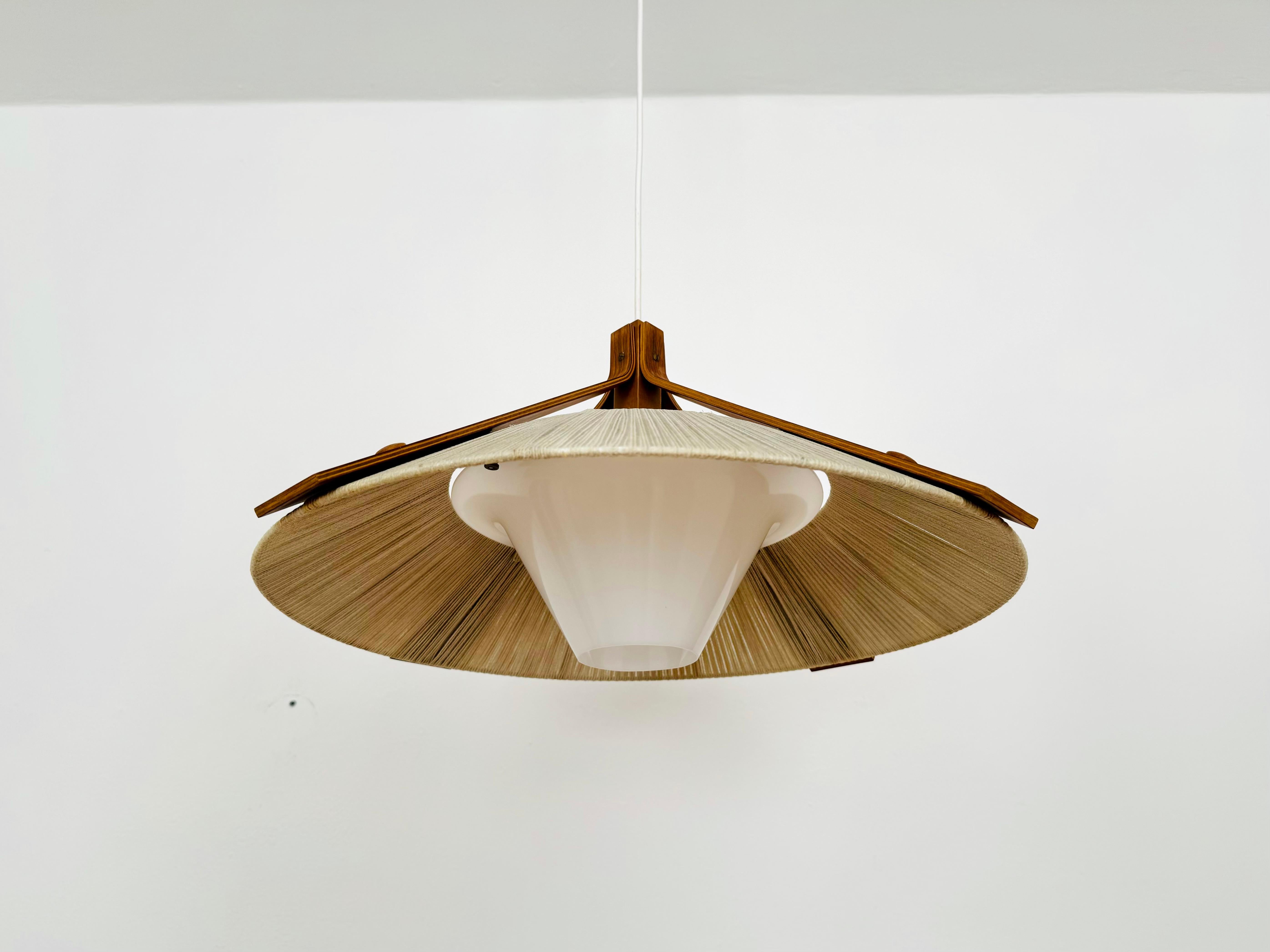 German Raffia Bast and Walnut Pendant Lamp by Temde For Sale