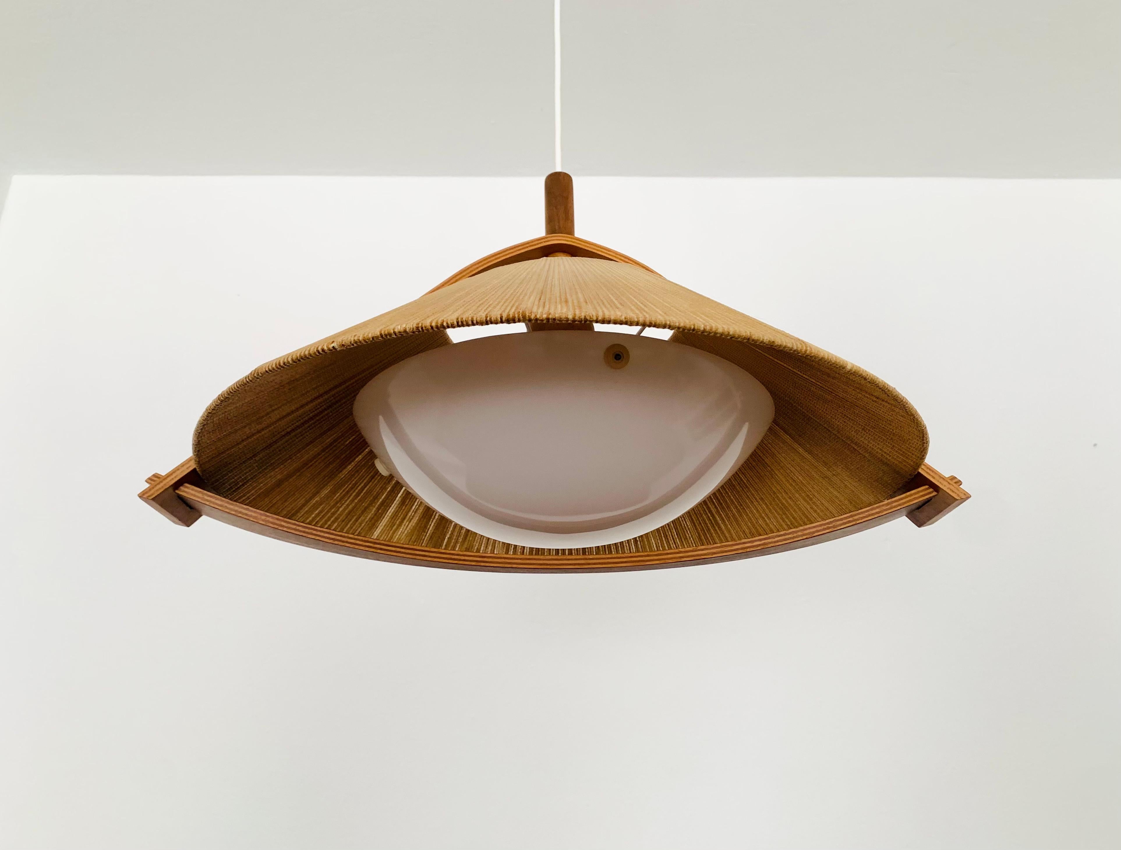 German Raffia Bast and Walnut Pendant Lamp by Temde For Sale