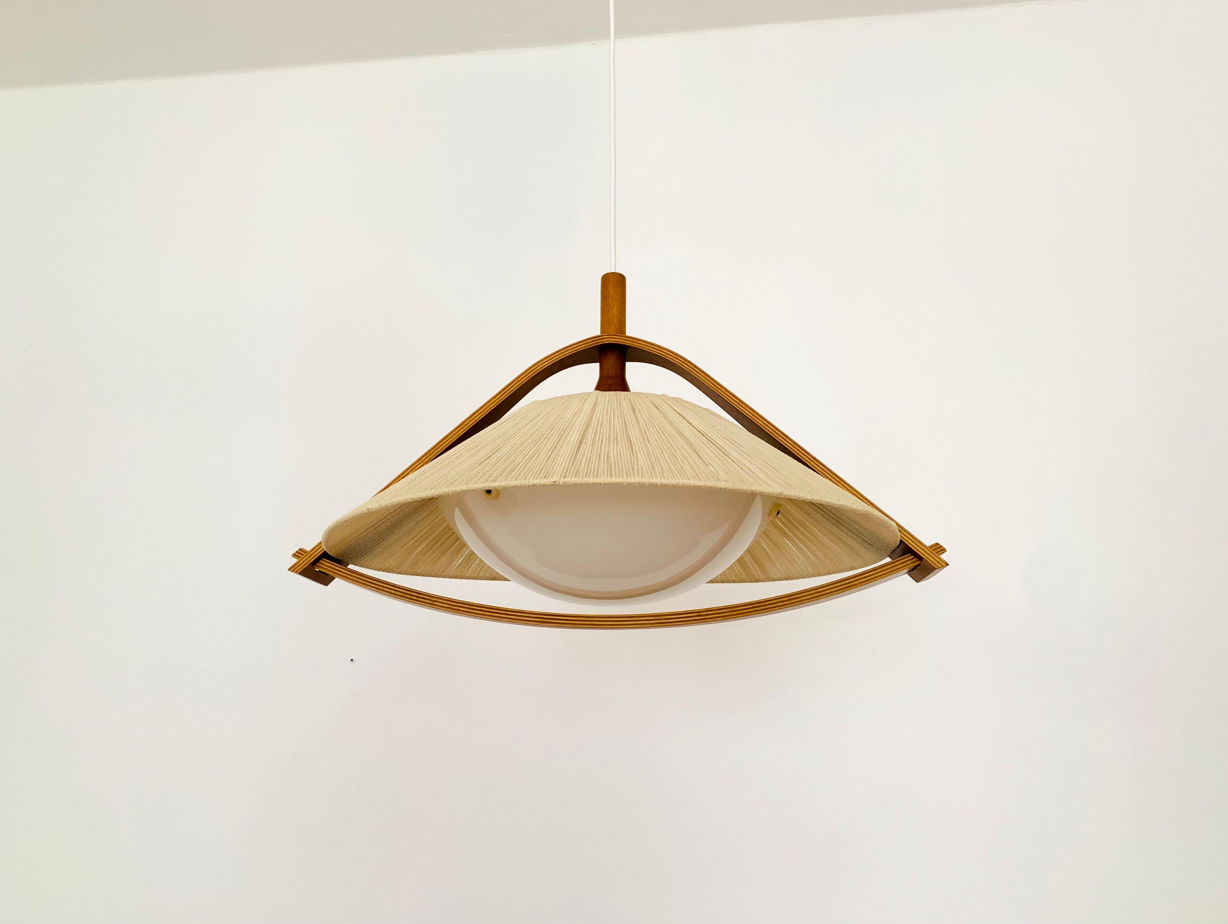 Mid-20th Century Raffia Bast and Walnut Pendant Lamp by Temde For Sale