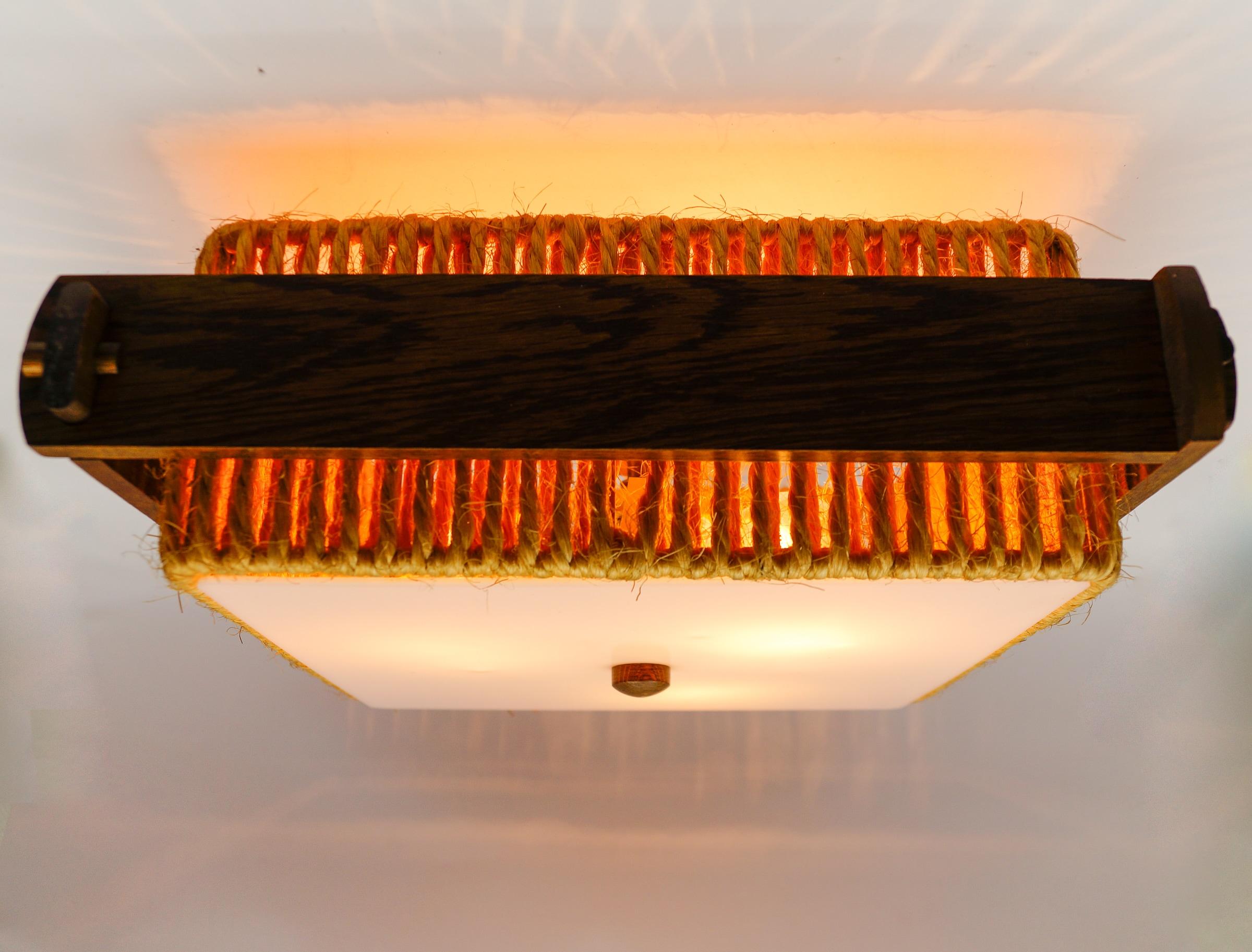 Mid-Century moderno Lampada a sospensione Raffia Bast, Wood e Acrilico di Temde Switzerland, anni '60 in vendita