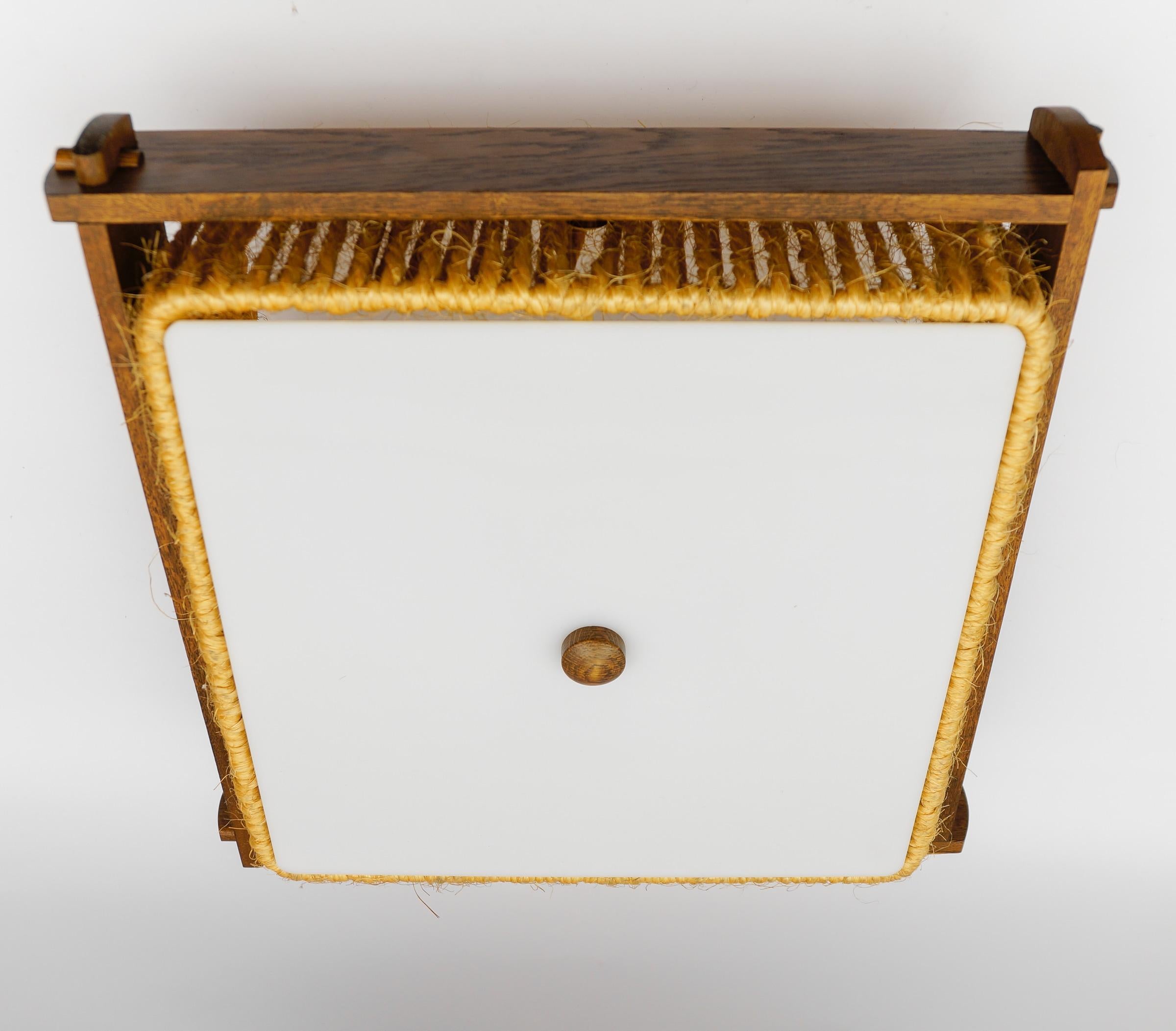 Metà XX secolo Lampada a sospensione Raffia Bast, Wood e Acrilico di Temde Switzerland, anni '60 in vendita