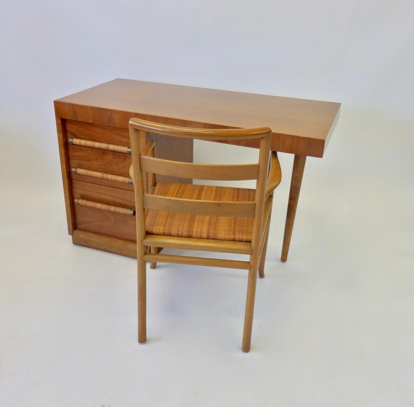 Mid-Century Modern Raffia Cane Pull Robsjohn Gibbings for Widdicomb Desk with Matching Chair