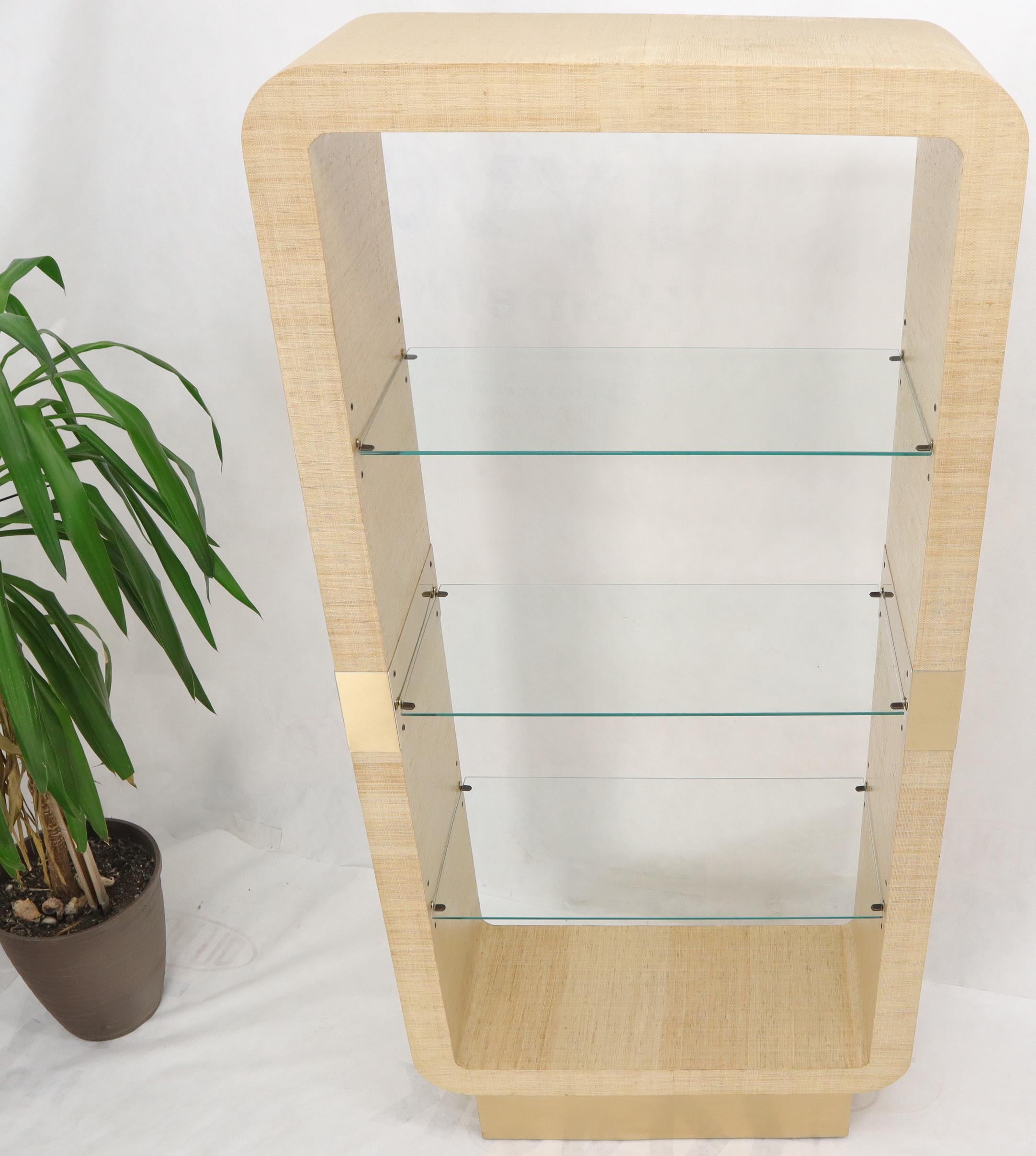 Mid-Century Modern Raffia Cloth Finished Rounded Angles Étagère Display Unit Glass Shelves For Sale