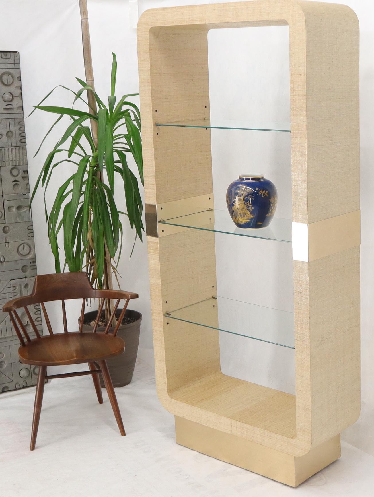 American Raffia Cloth Finished Rounded Angles Étagère Display Unit Glass Shelves For Sale