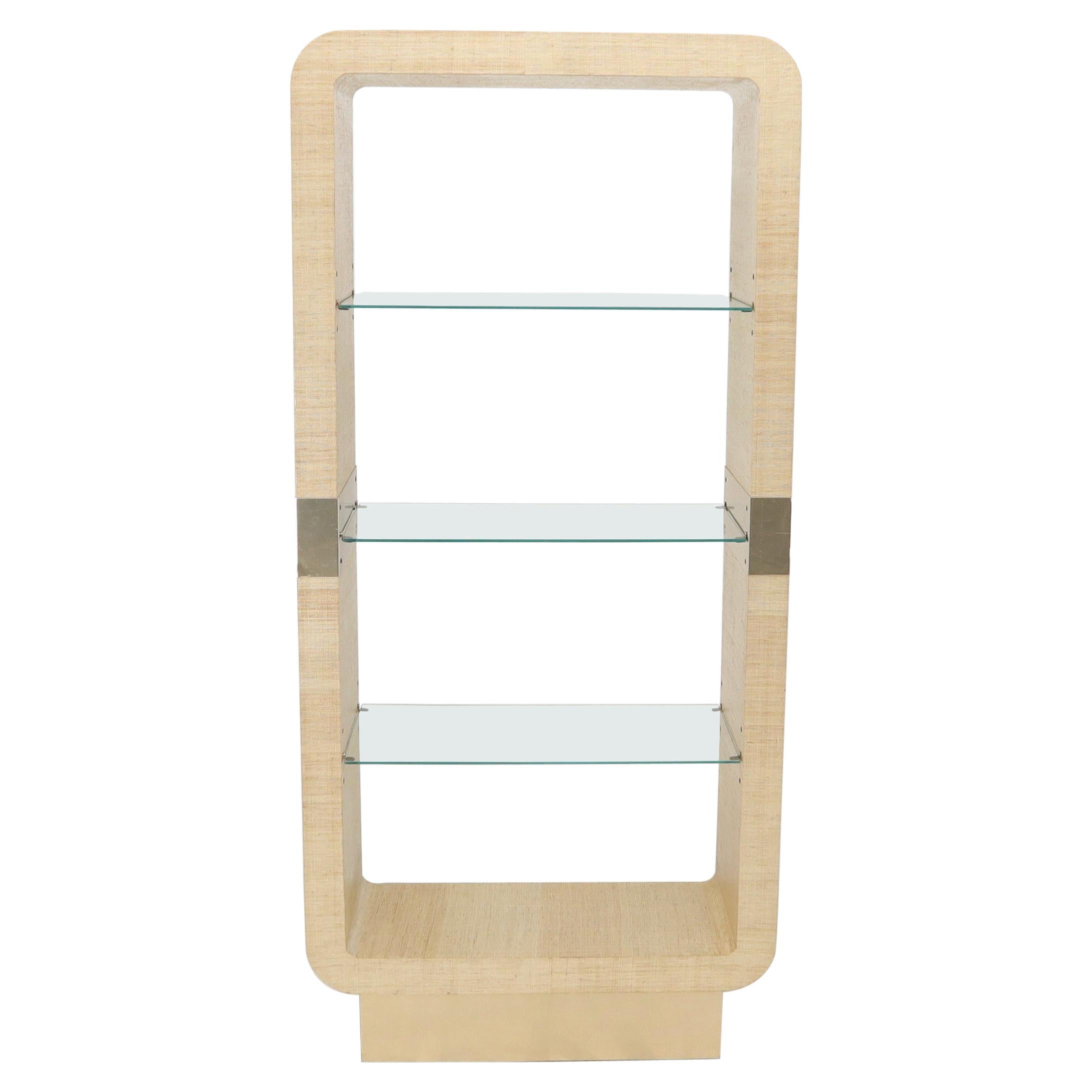 Raffia Cloth Finished Rounded Angles Étagère Display Unit Glass Shelves For Sale