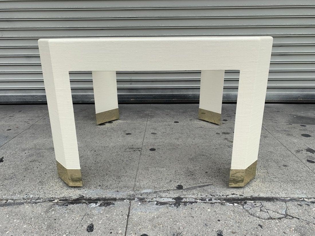 American Raffia Covered Side Table with Brass Sabots