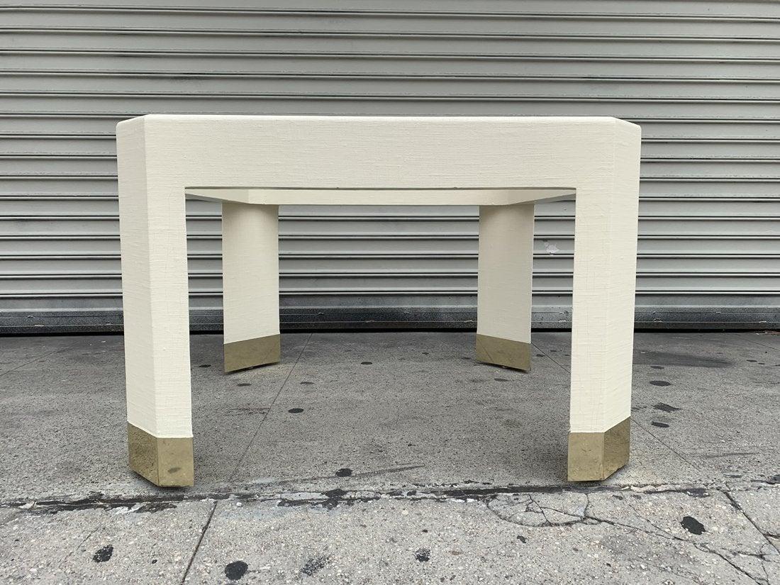 20th Century Raffia Covered Side Table with Brass Sabots