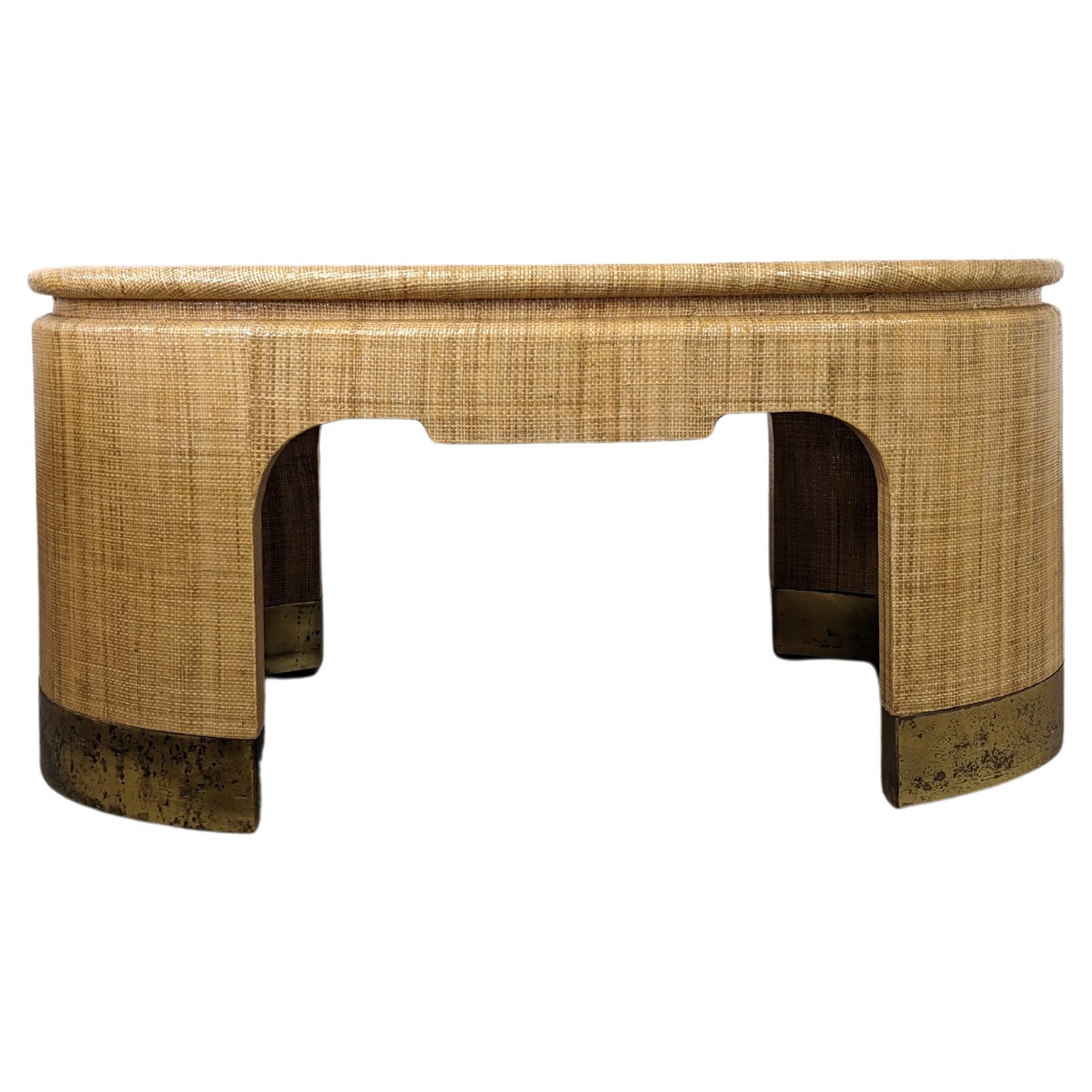 Step into the elegant world of mid-century design with this exquisite Harrison Van Horn Raffia Side or Coffee Table, a genuine vintage treasure from the 1970s that promises to elevate any living space. Wrapped meticulously in a refined grasscloth