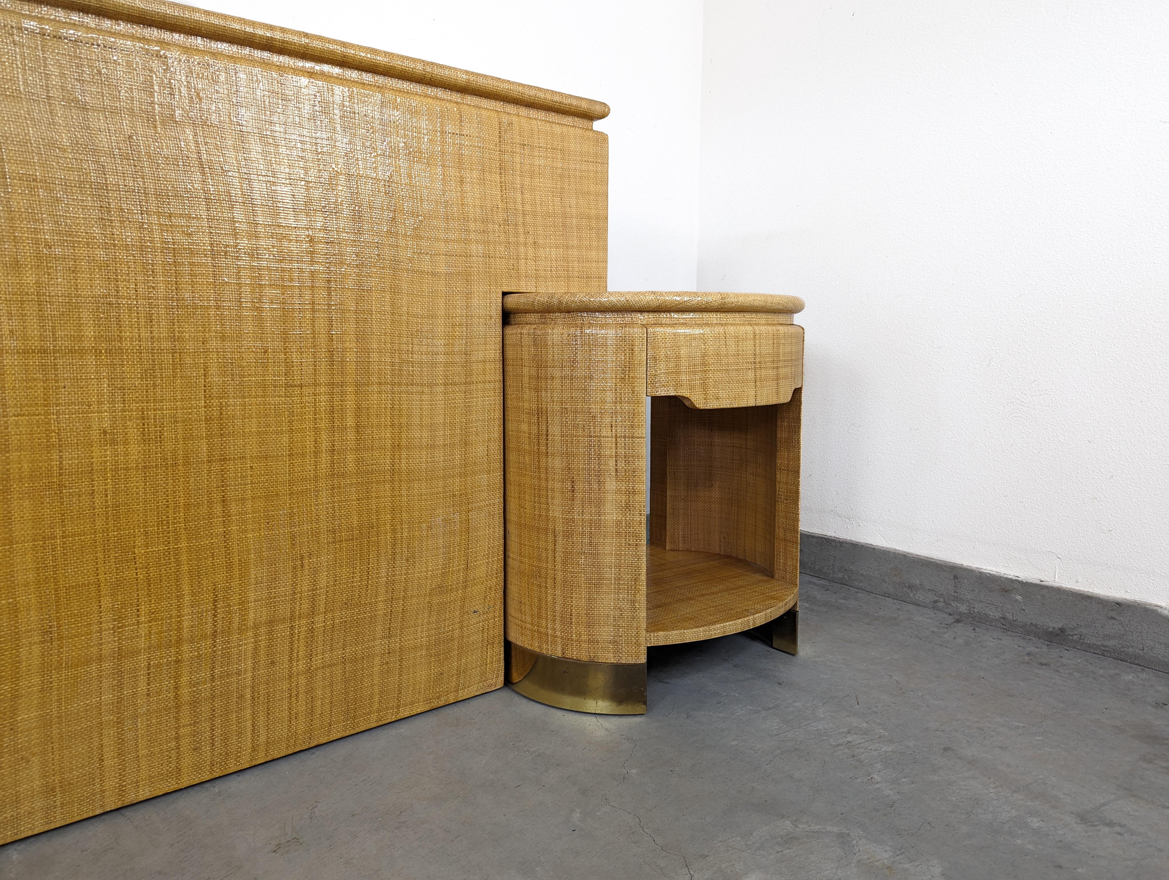 Mid-Century Modern Raffia King Headboard with Matching Nightstands by Harrison Van Horn, c1970s For Sale