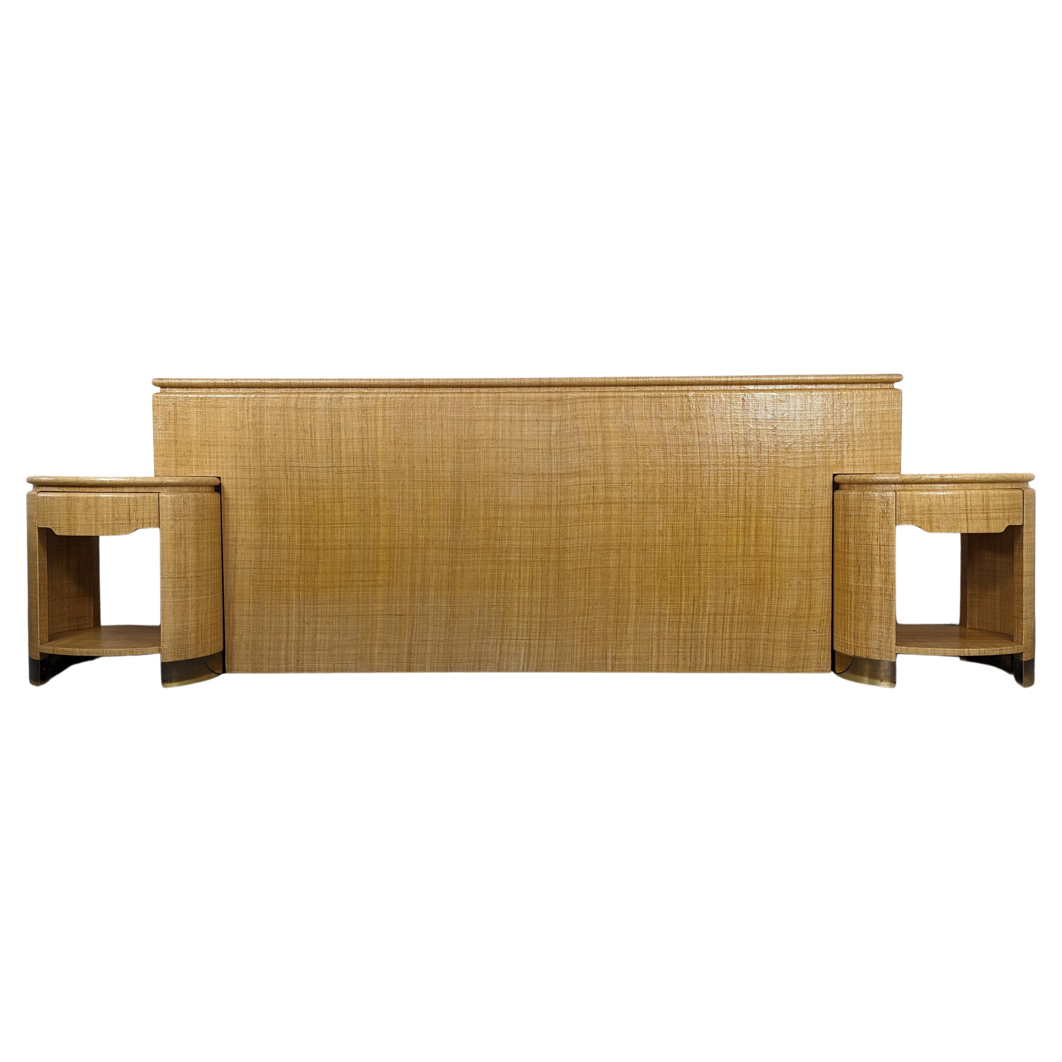 Raffia King Headboard with Matching Nightstands by Harrison Van Horn, c1970s For Sale